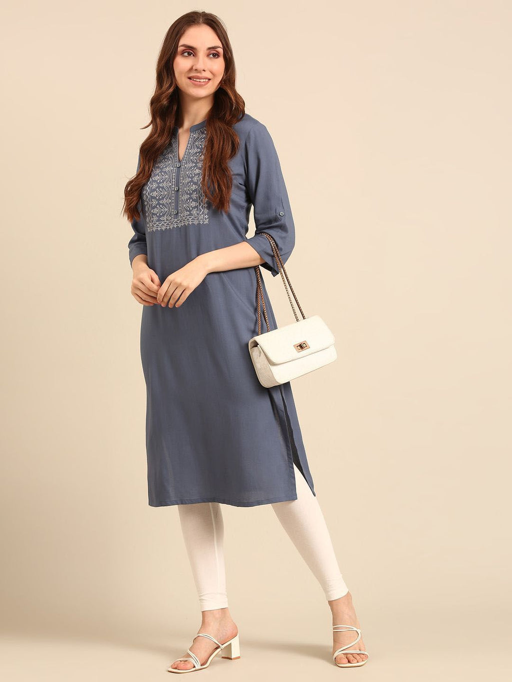 Grey Floral Yoke Designed Mandarin Collar Thread Work Cotton Straight Kurta