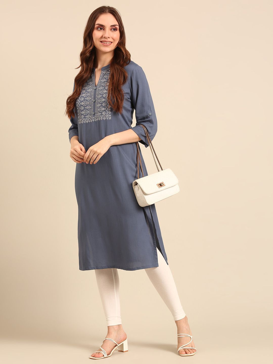 Grey Floral Yoke Designed Mandarin Collar Thread Work Cotton Straight Kurta