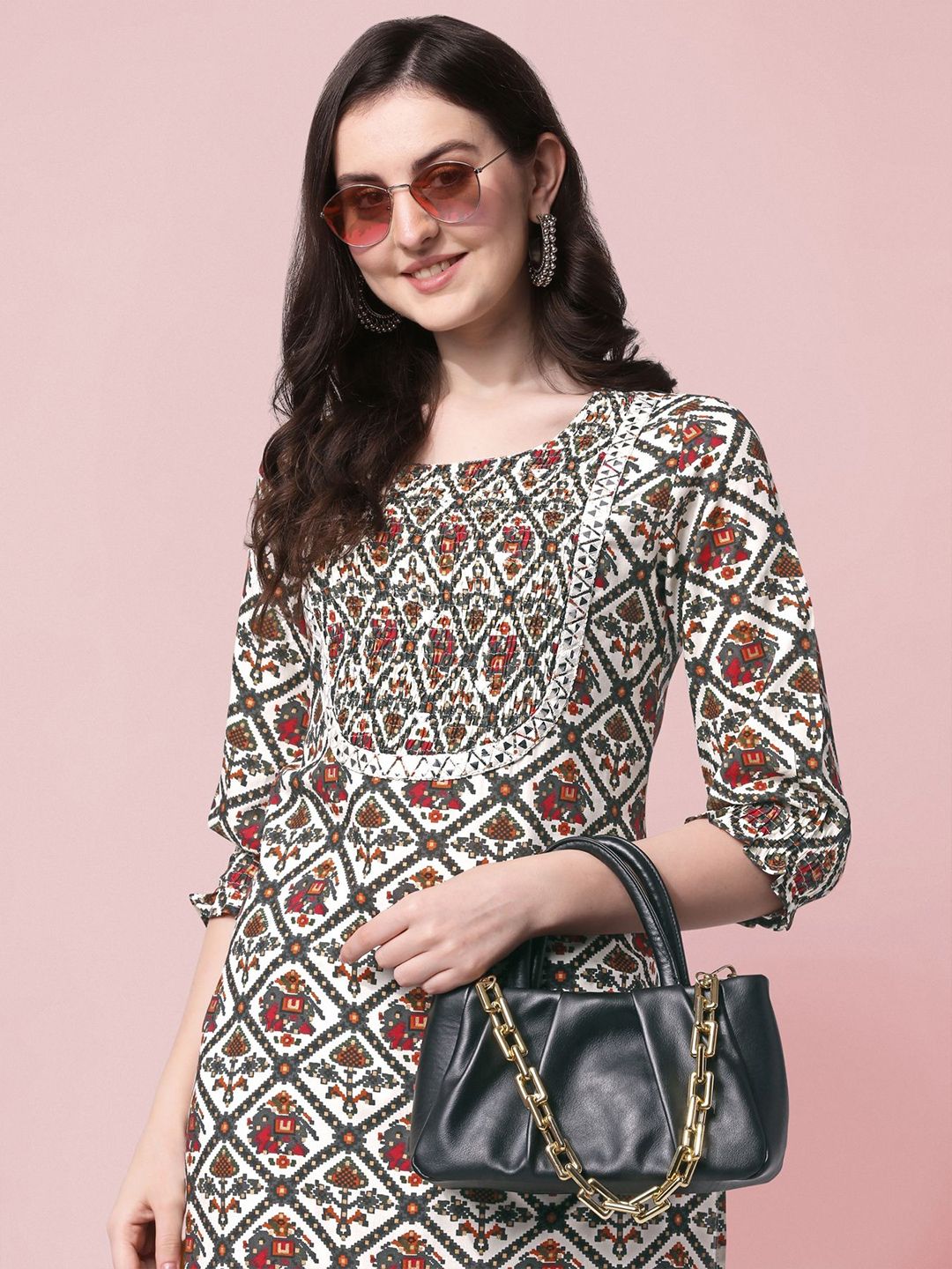Women Ethnic Motifs Printed Mirror Work Block Print Kurta