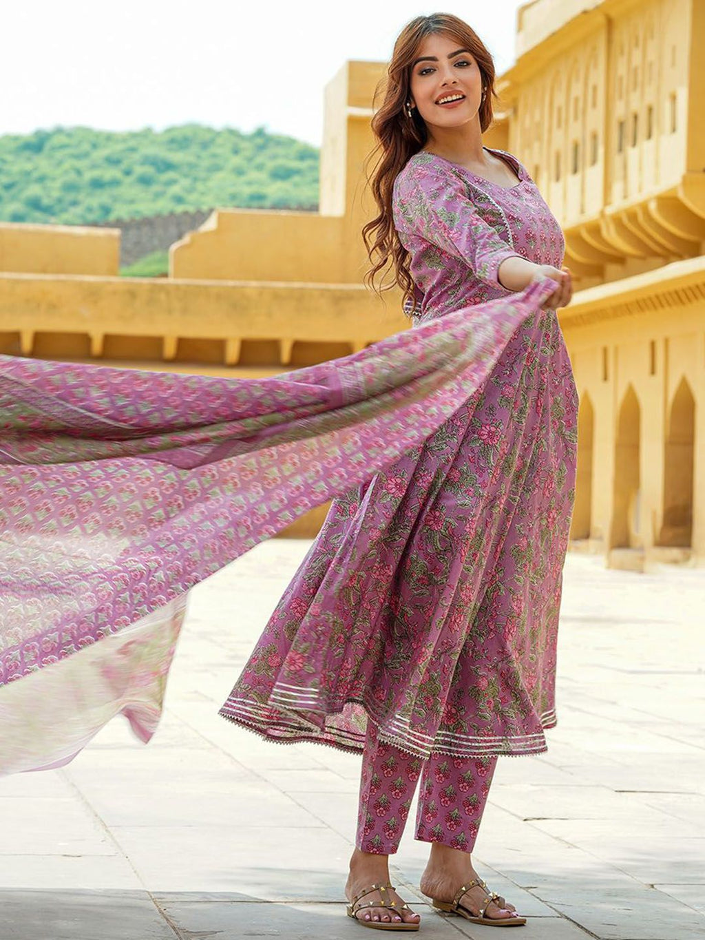 Dhimhi women's floral printed cotton Anarkali Kurta set with trousers and dupatta, featuring vibrant floral patterns and traditional design.