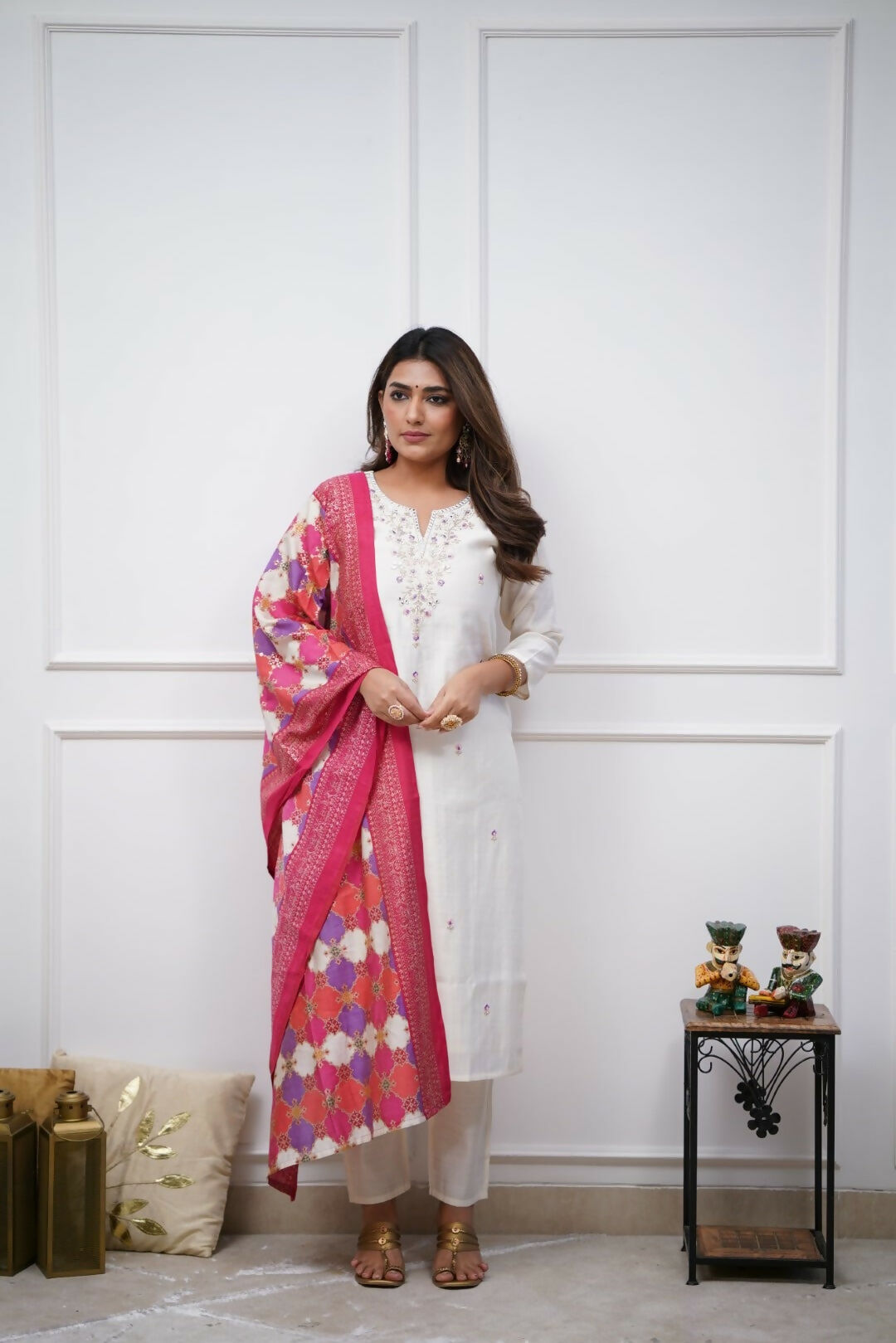 Dhimhi Women's Off White Beautiful Embroidered Viscose Chanderi Fabric Straight Kurta Pant with Dupatta Set