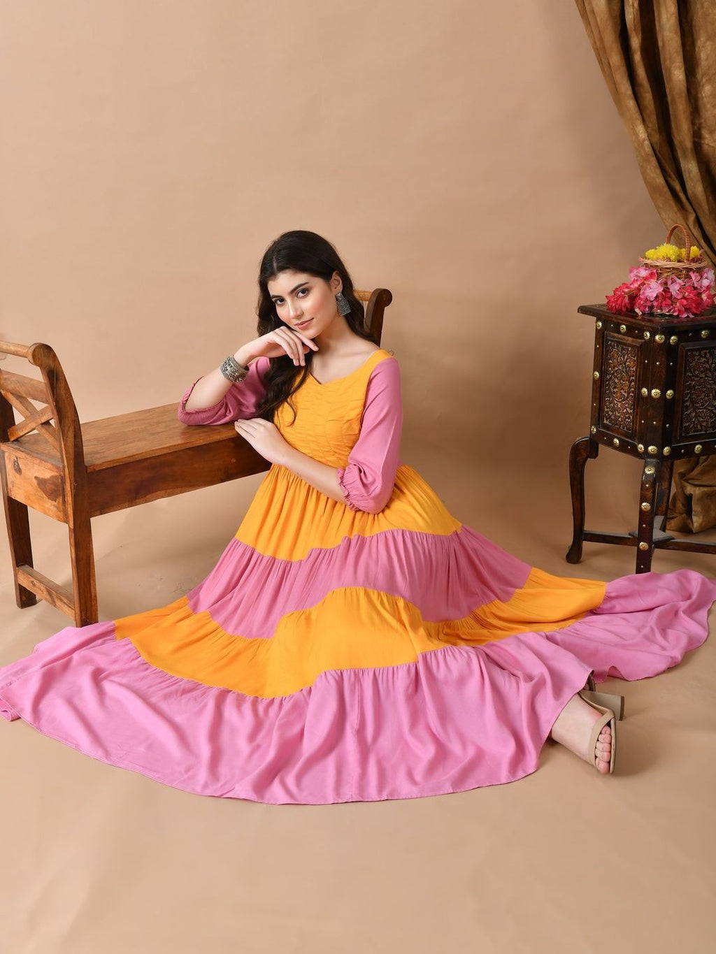 Dhimhi Women's Viscose Rayon Colourblocked Fit & Flared Midi Ethnic Dresses
