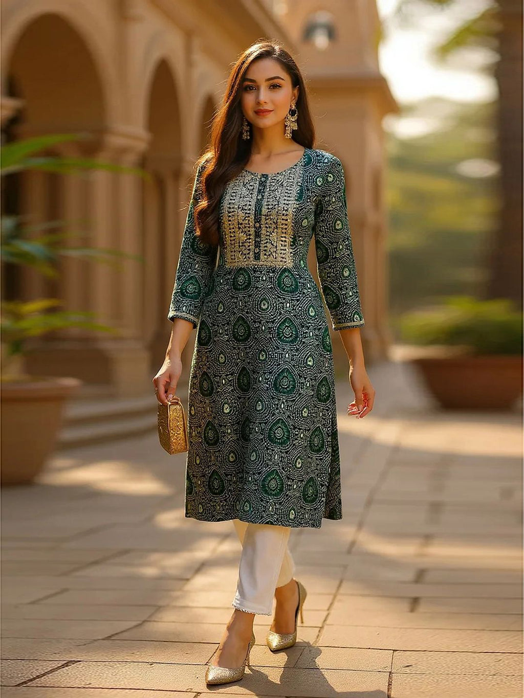 Round Neck Ethnic Motifs Printed Sequinned Kurta