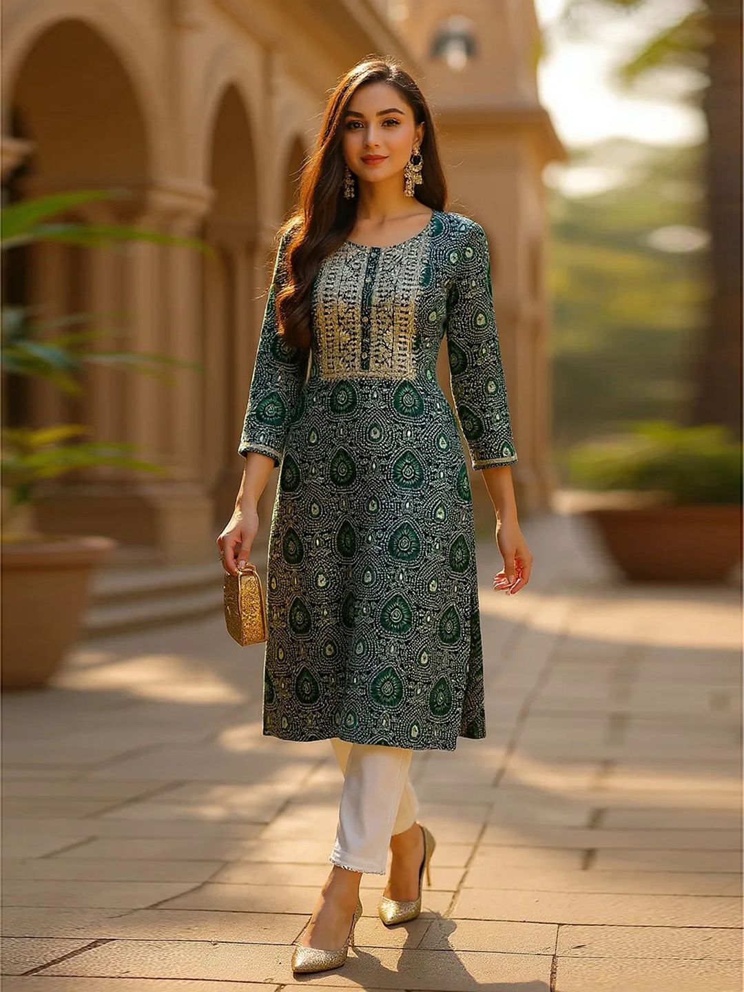 Round Neck Ethnic Motifs Printed Sequinned Kurta