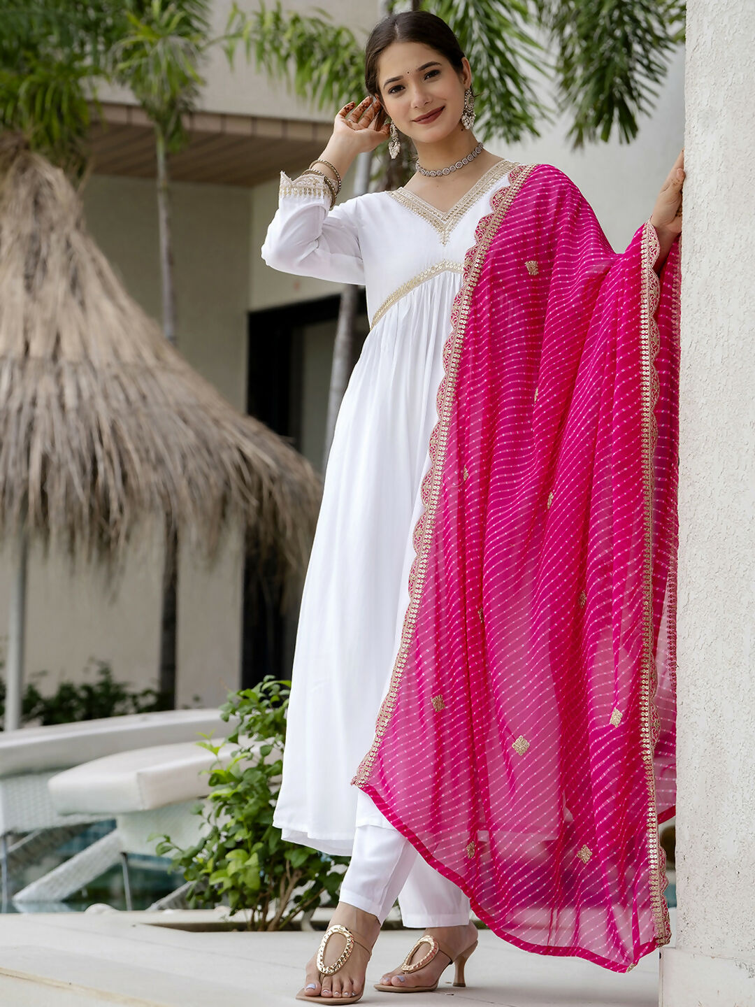 Dhimhi Women's White Women's Gorgeous Embroidered Chanderi Fabric Straight Kurta, Pant and Dupatta Set