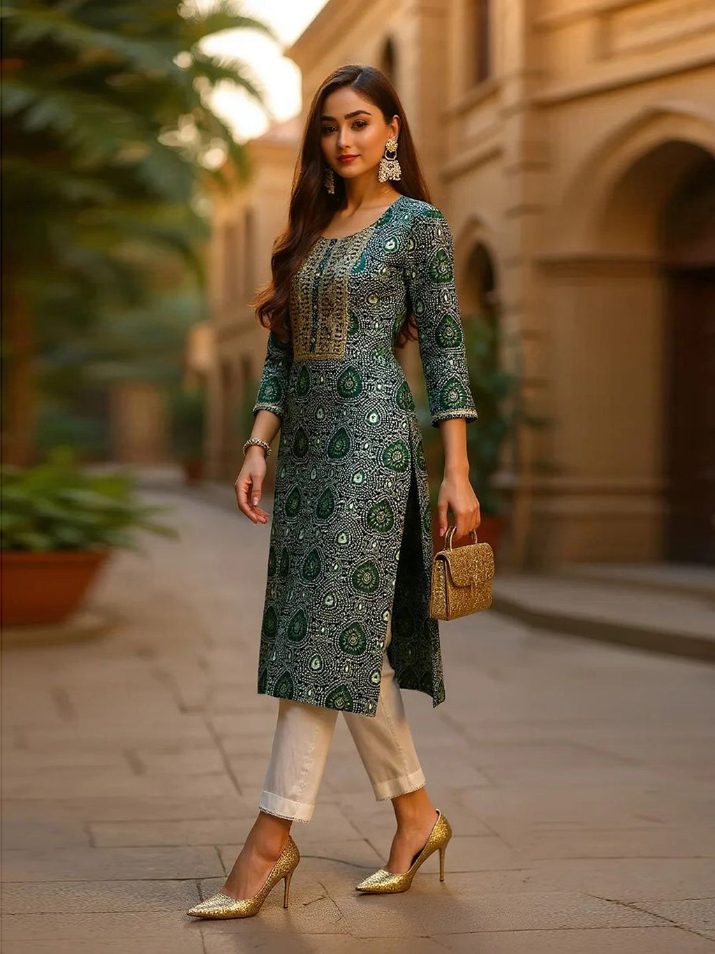 Round Neck Ethnic Motifs Printed Sequinned Kurta