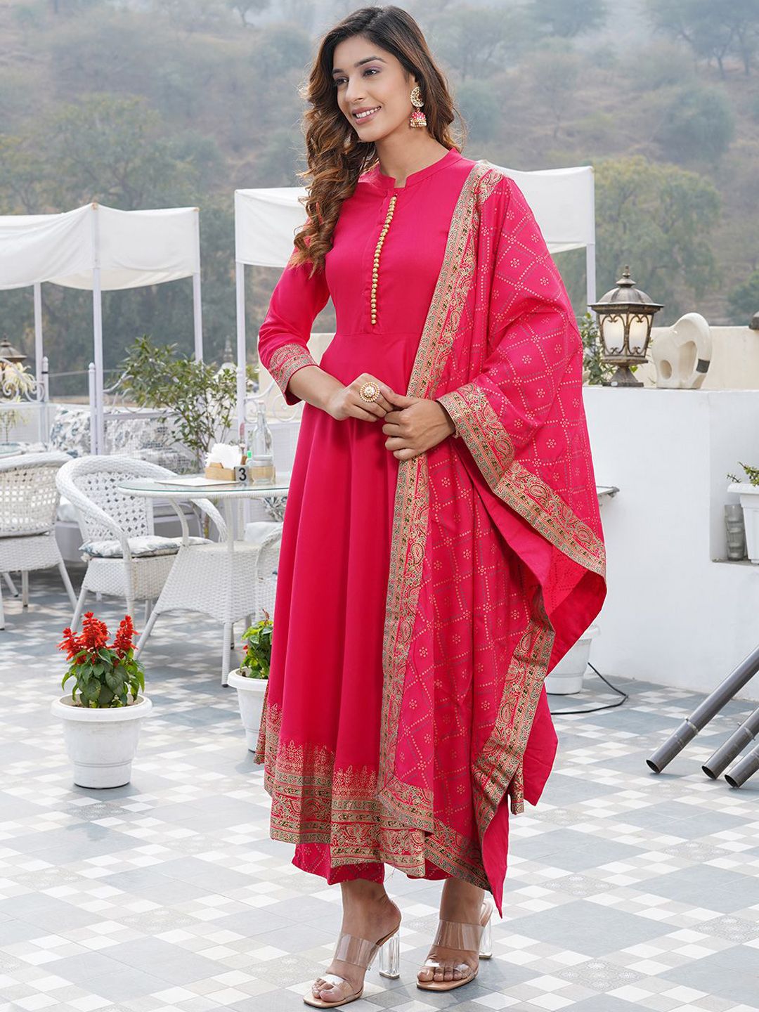 Dhimhi Women's Ethnic Motifs Printed Mandarin Collar Anarkali Kurta with Trouser & Dupatta