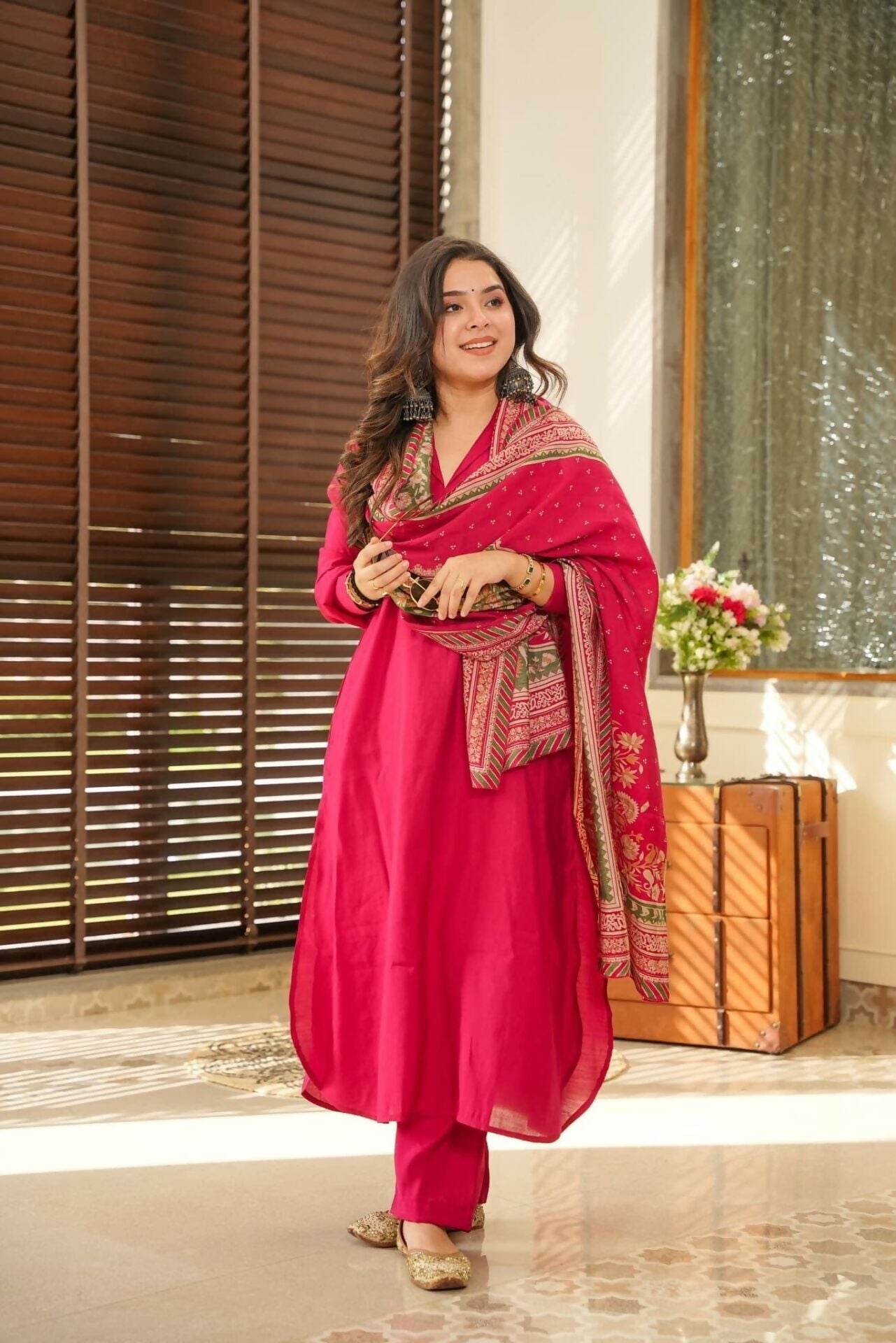 Dhimhi Women's Rani Women's Beautiful South Cotton Fabric Straight Kurta with Pant And Dupatta Set