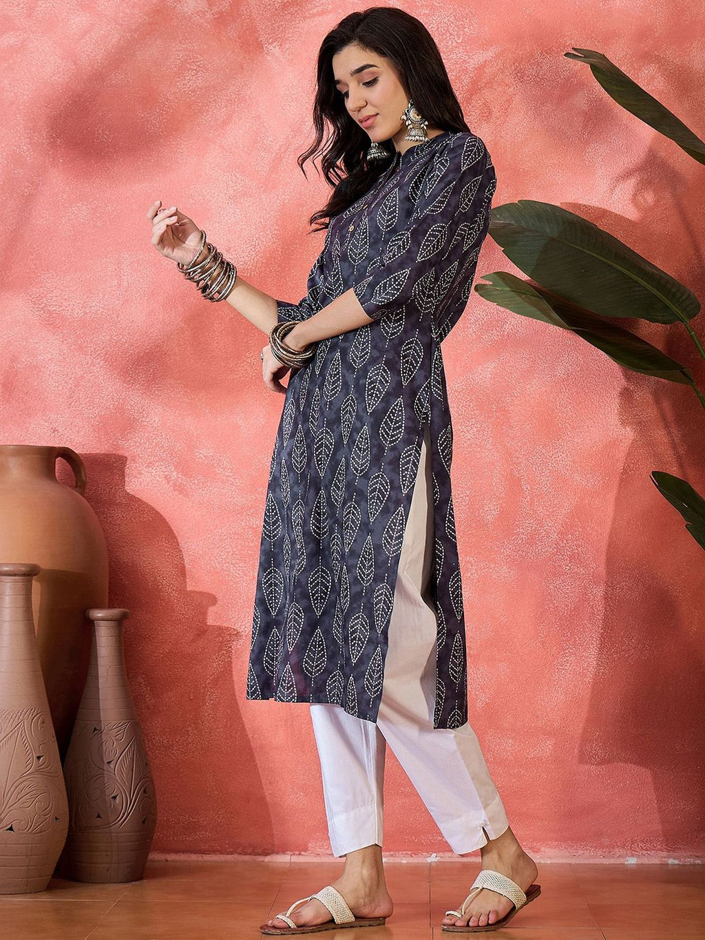 Floral Printed Mandarin Collar Pure Cotton A-Line Kurta