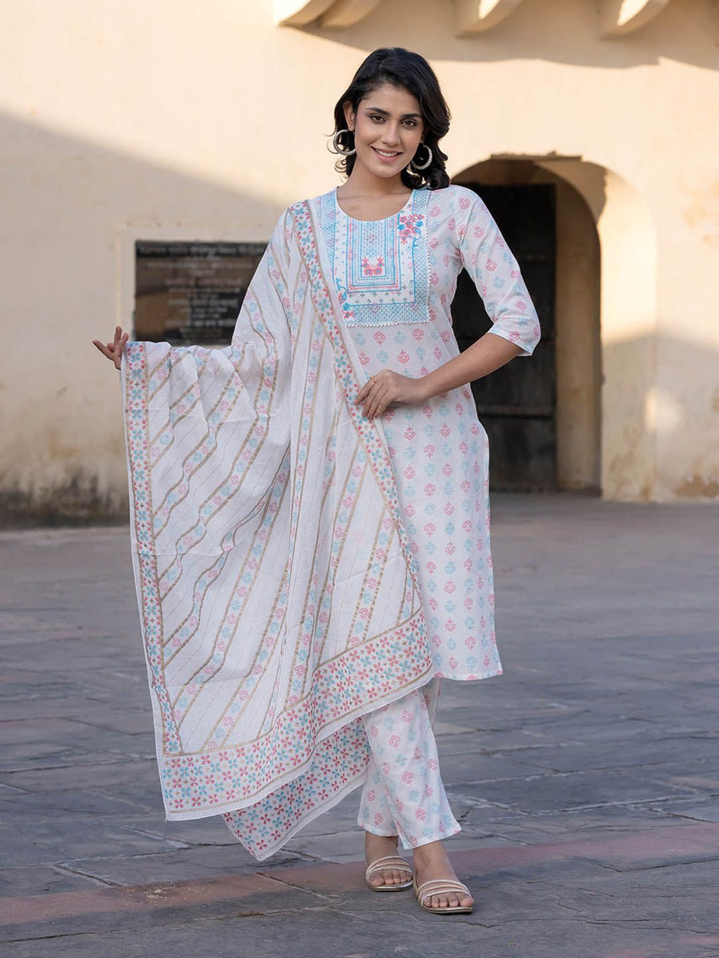 Dhimhi Women's Ethnic Motifs Embroidered Regular Pure Cotton Kurta with Trousers & With Dupatta
