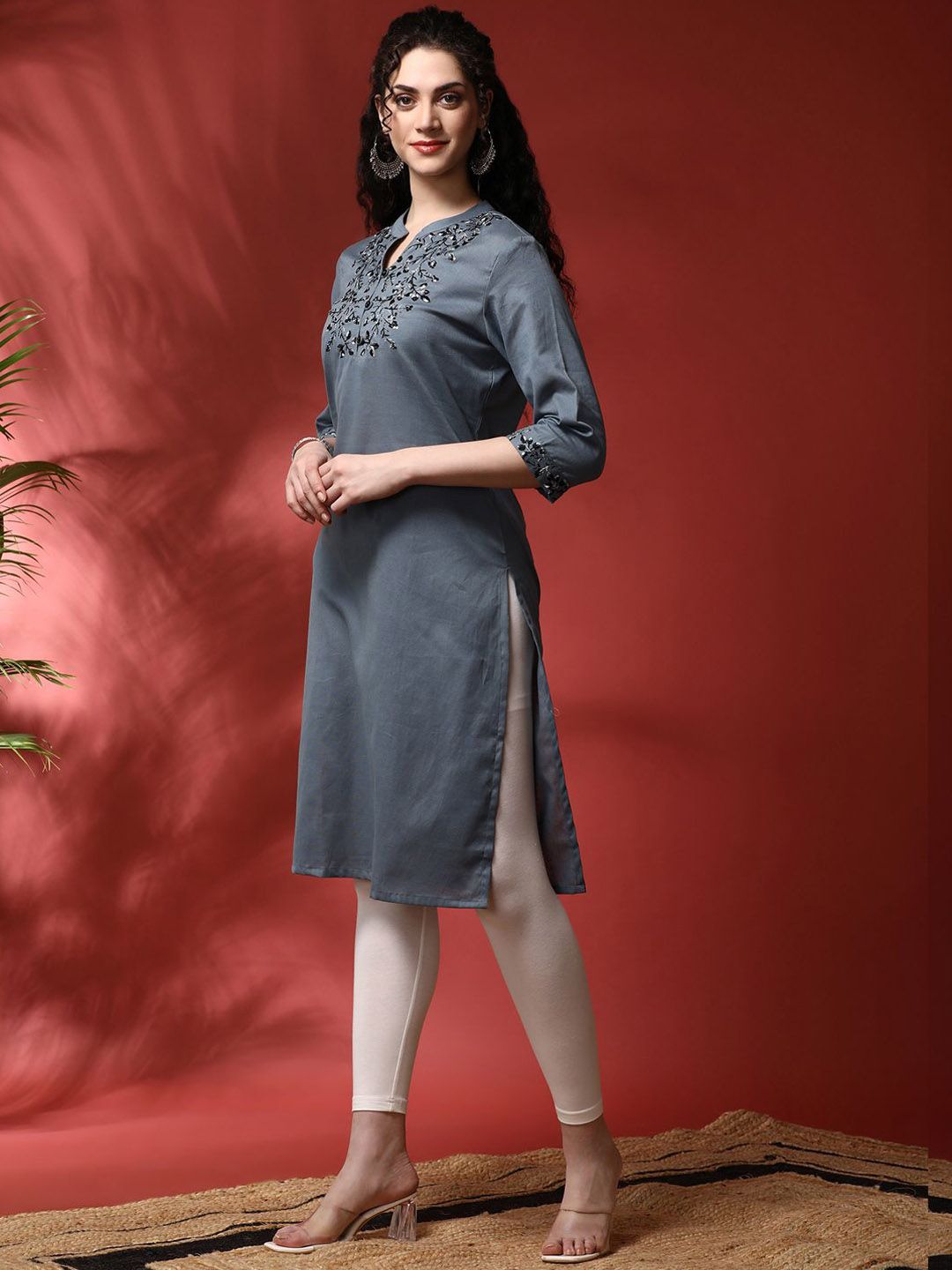 Floral Yoke Design Mandarin Collar Pure Cotton Straight Kurta