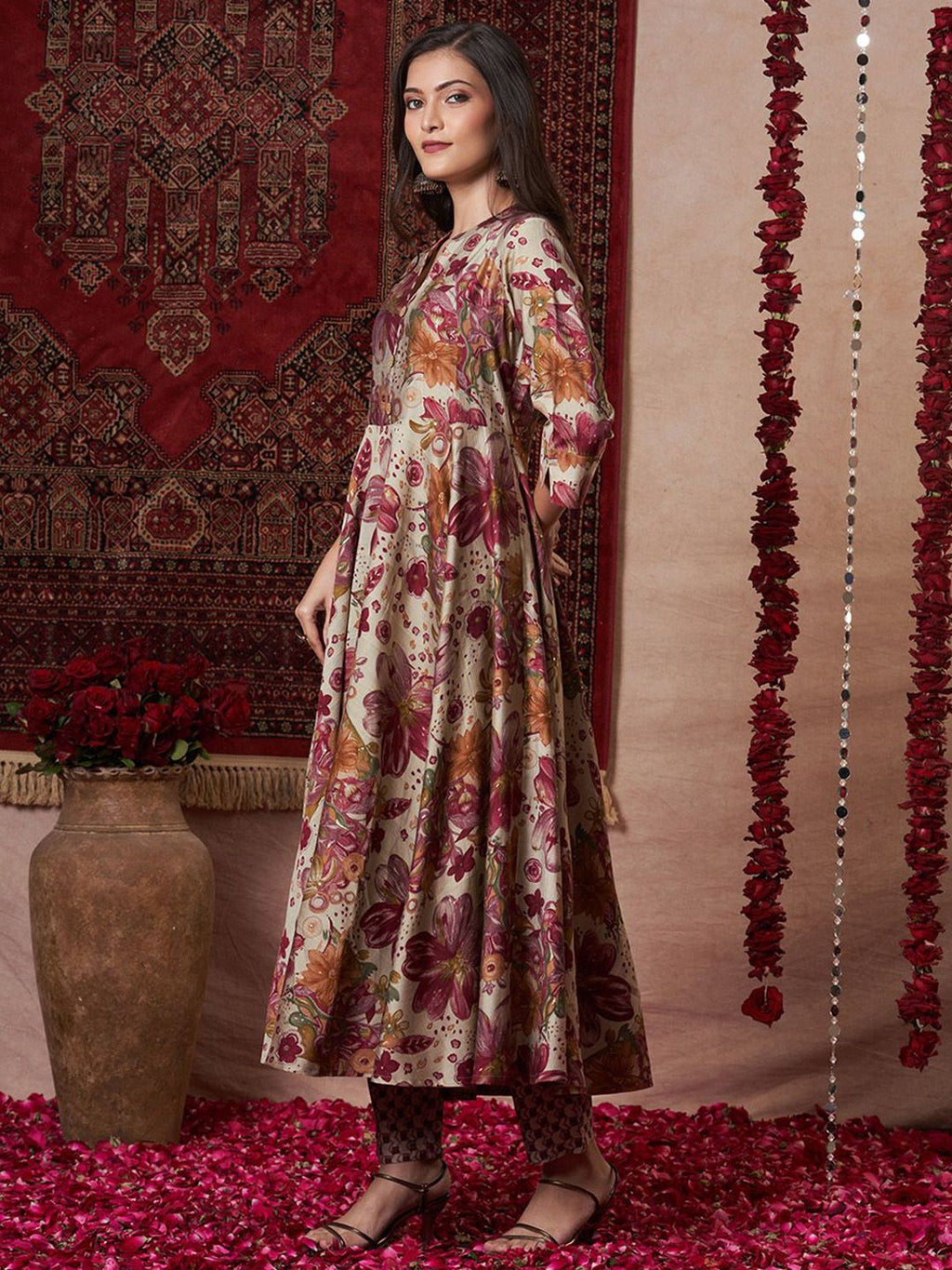 Dhimhi Women's Floral Printed Anarkali Kurta With Trouser