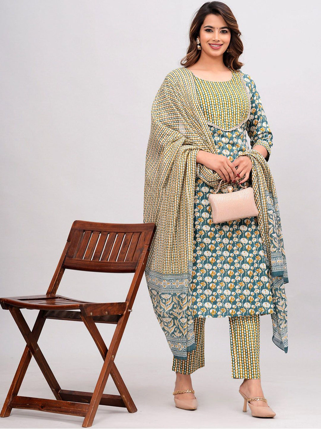 Dhimhi Women Abstract Printed Cotton Kurta with Trousers & Dupatta