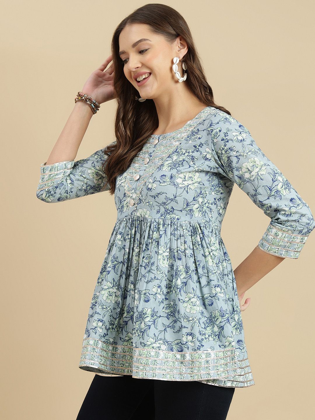 Dhimhi Women's Floral Printed Round Neck Cotton Top