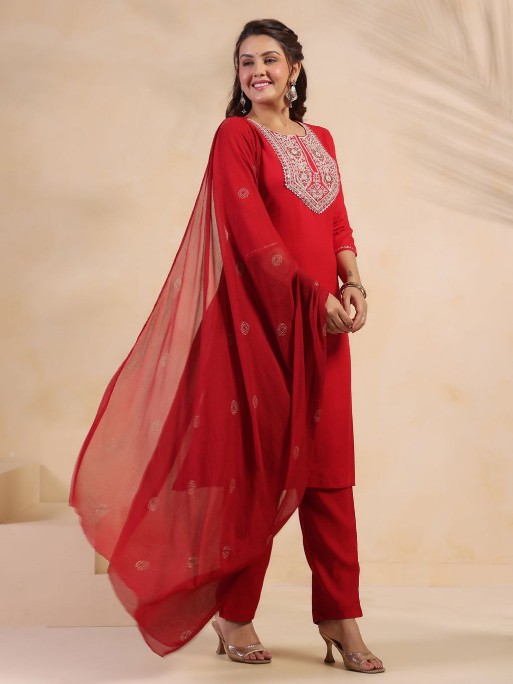 Dhimhi Women's Floral Embroidered Regular Pure Cotton Kurta With Trousers & Dupatta