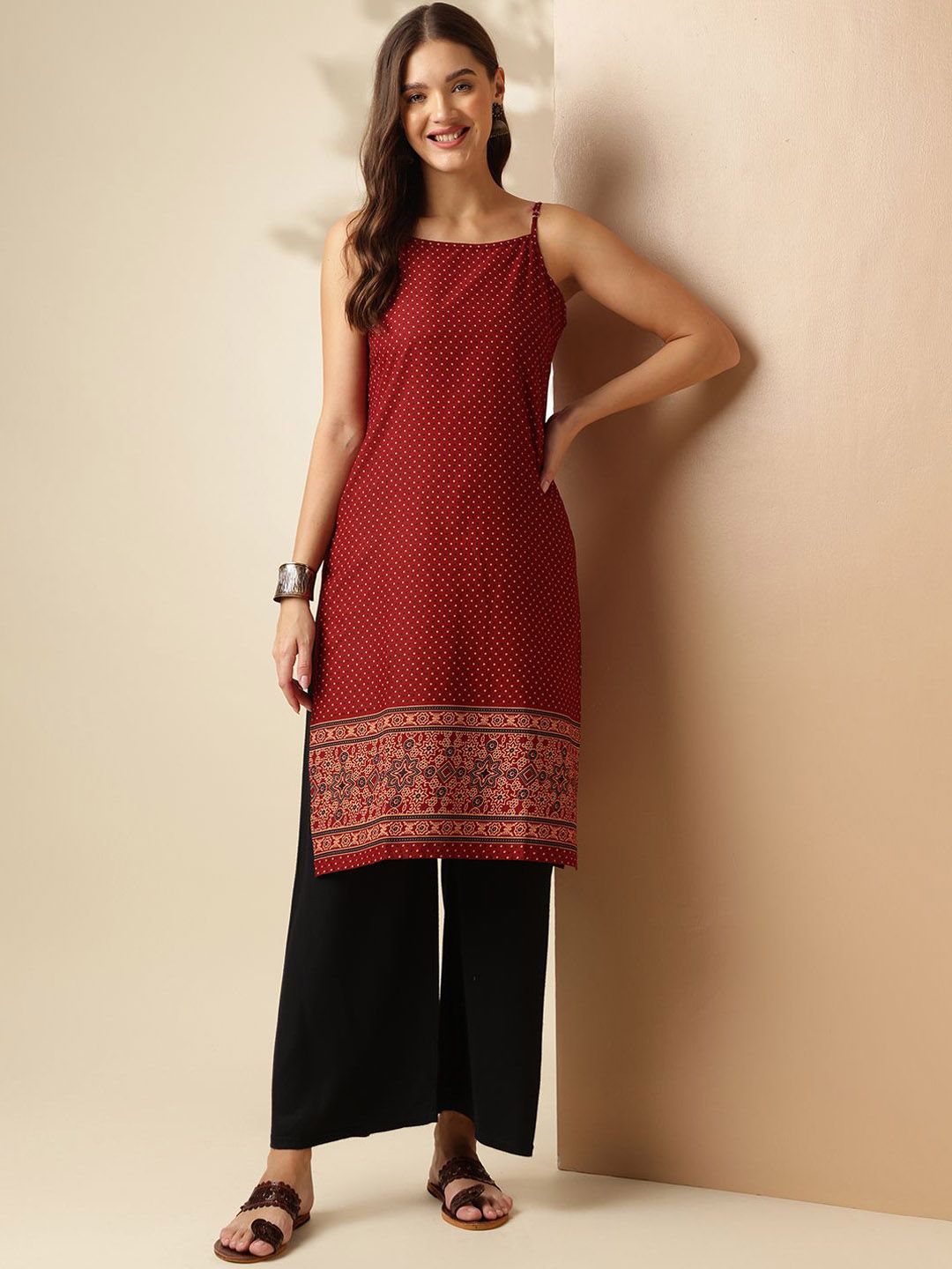 Maroon Polka Dots Printed Shoulder Straps Neck Sleeveless Regular Pure Cotton Kurta