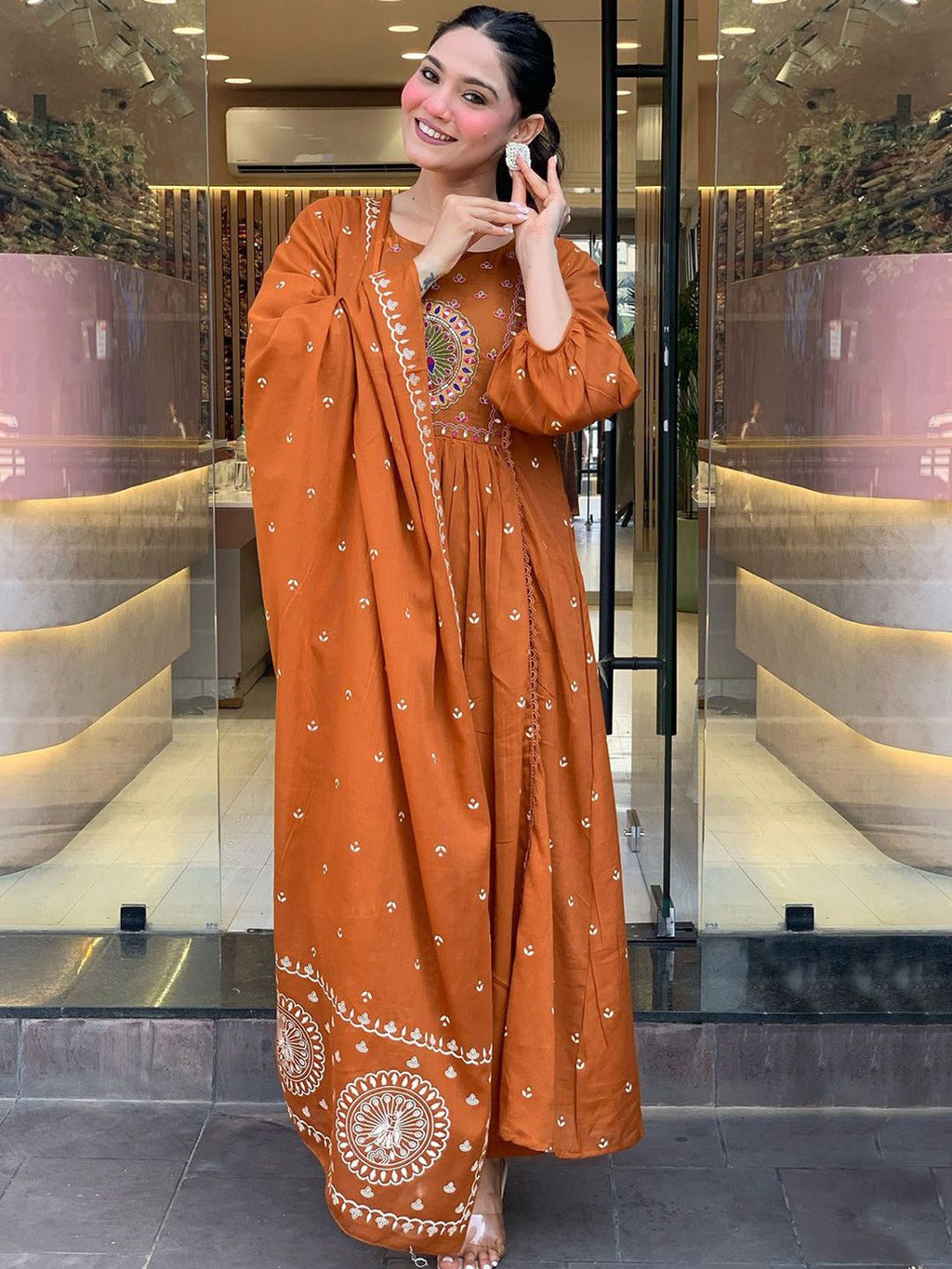 Dhimhi Women's Woven Design Embroidered Anarkali Kurta with Trousers & Dupatta