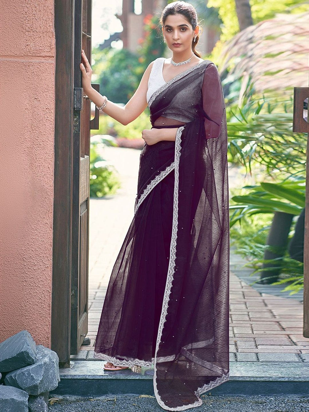 Dhimhi Women's Embellished Beads and Stones Supernet Saree