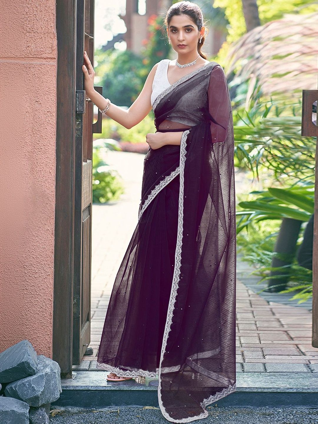 Dhimhi Women's Embellished Beads and Stones Supernet Saree