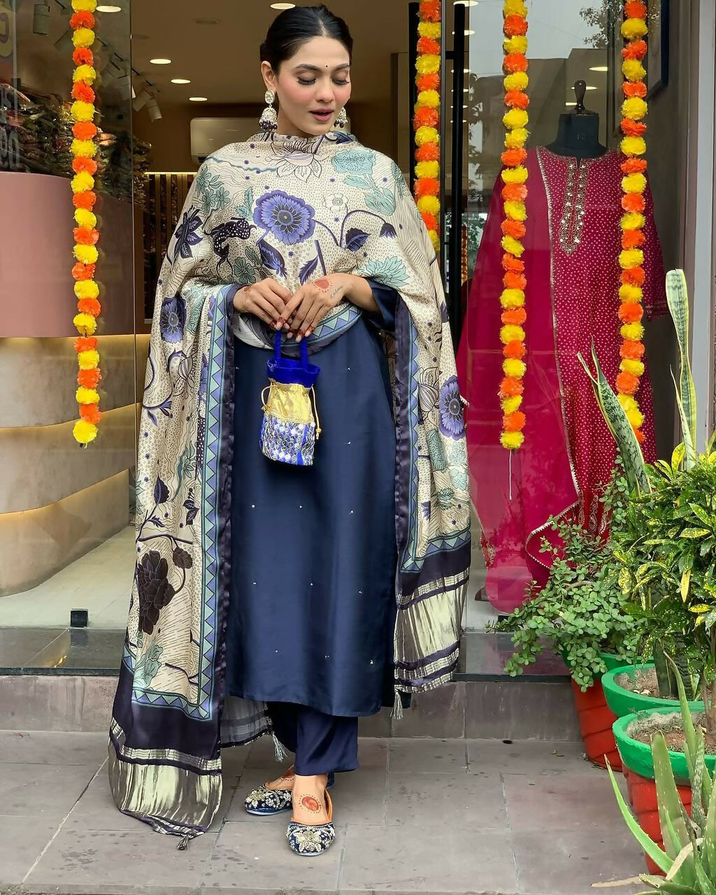 Dhimhi Women's Navy Blue Women's Beautiful Viscose Chanderi Fabric Embroidered Work Straight Kurta Pant and Dupatta Set