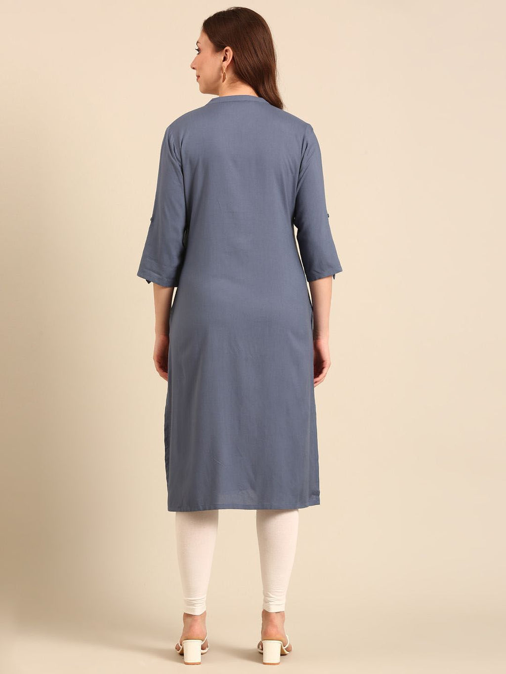 Grey Floral Yoke Designed Mandarin Collar Thread Work Cotton Straight Kurta