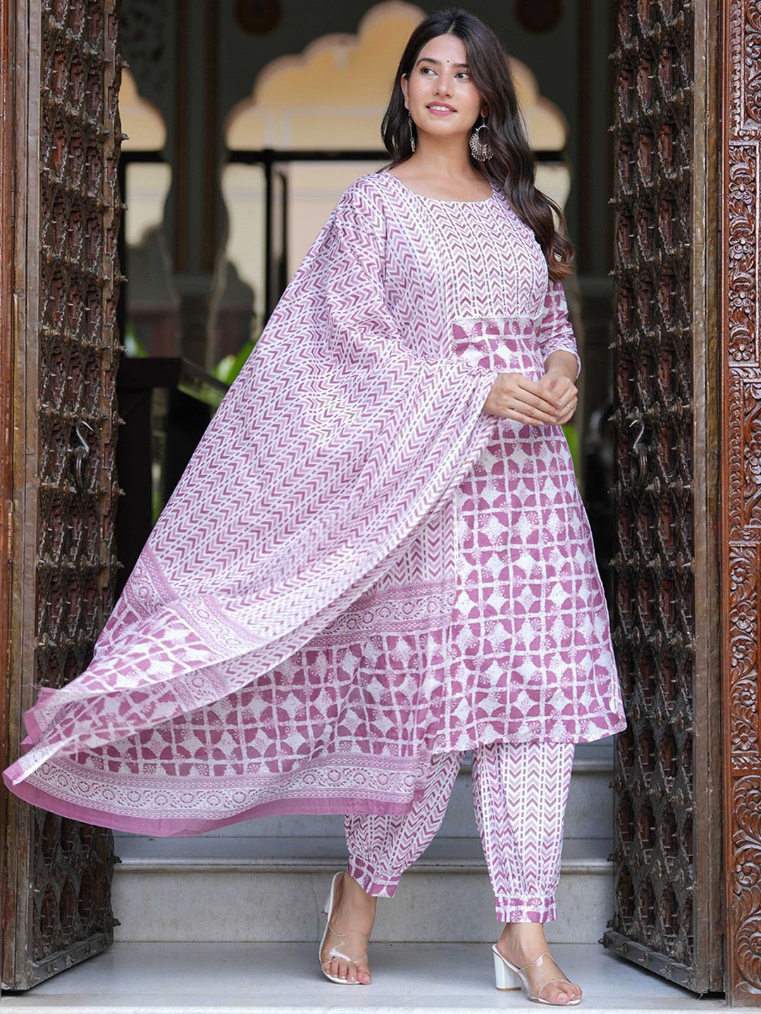 Dhimhi Women's Geometric Printed Pure Cotton Straight Kurta with Salwar & Dupatta
