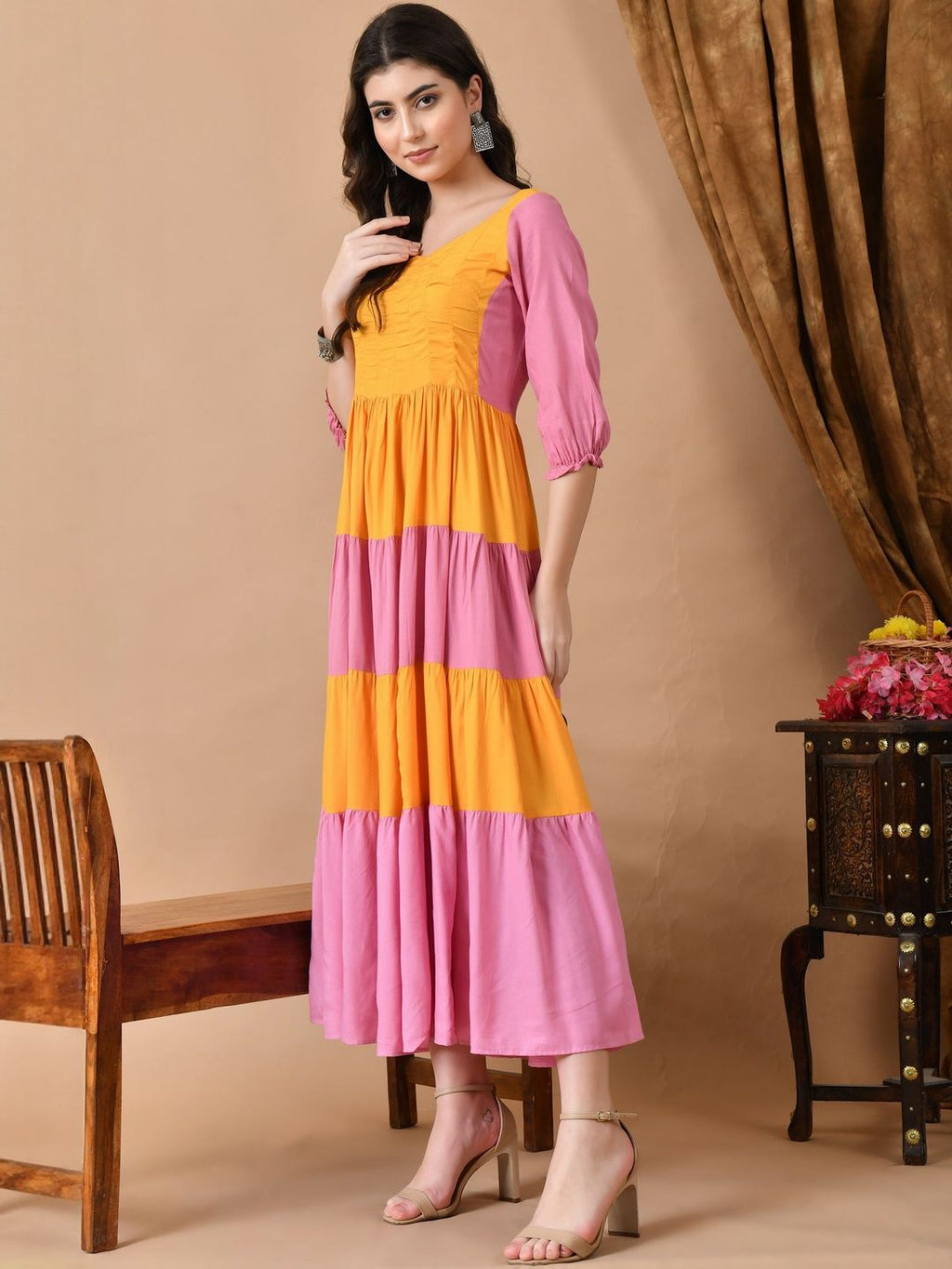 Dhimhi Women's Viscose Rayon Colourblocked Fit & Flared Midi Ethnic Dresses