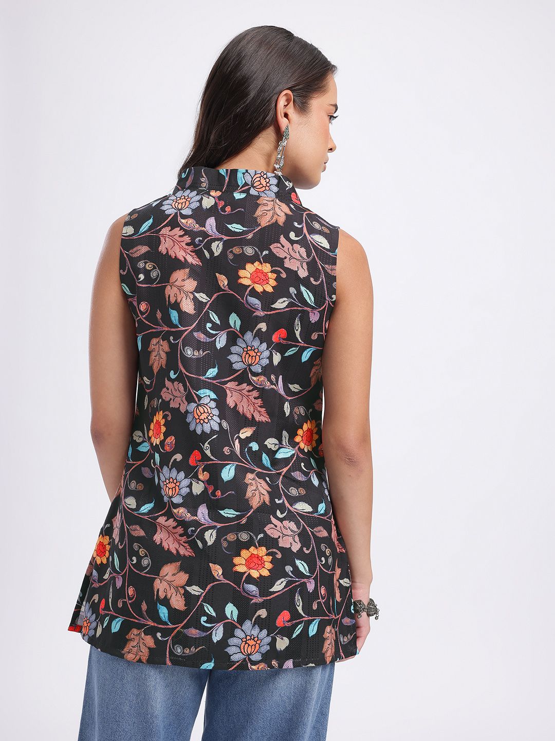 Dhimhi Women's Floral Print Sleeveless Textured Kurti Top