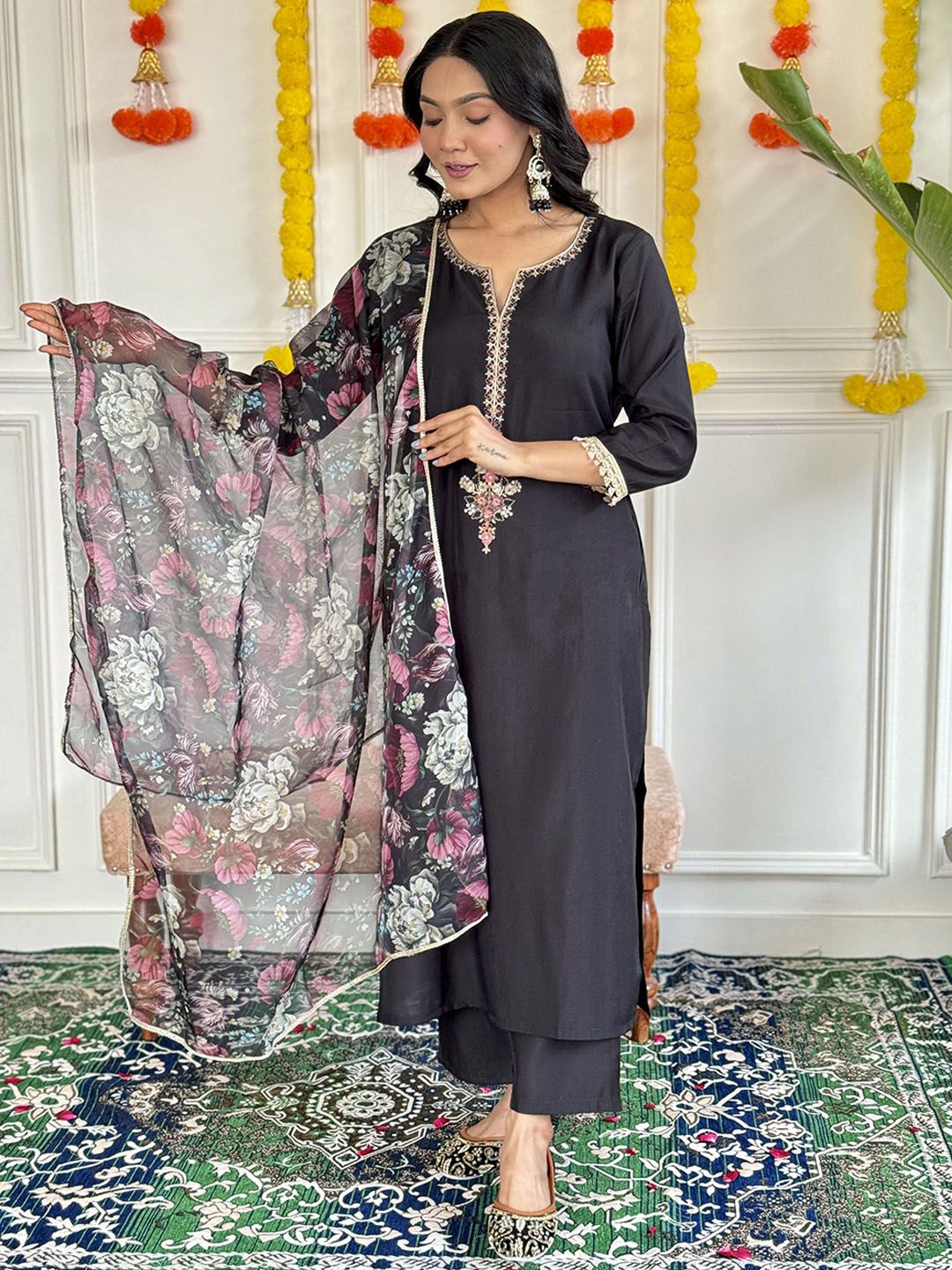 Dhimhi Women's Floral Embroidered Notch Neck Straight Kurta With Trousers And Dupatta