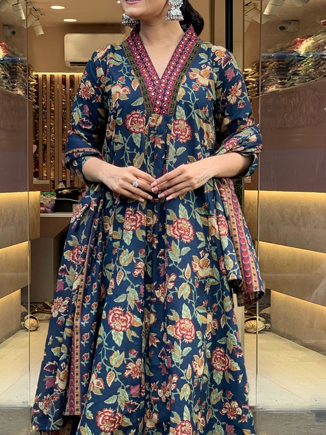 Dhimhi Women's Floral Printed V-Neck Anarkali Kurta with Palazzos & Dupatta