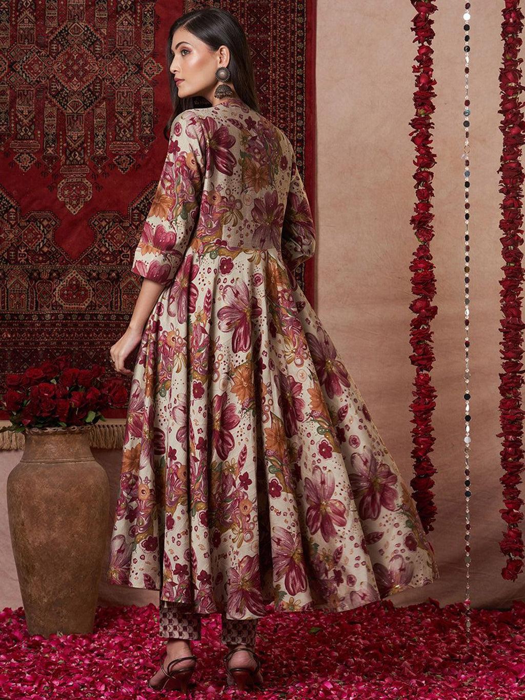 Dhimhi Women's Floral Printed Anarkali Kurta With Trouser