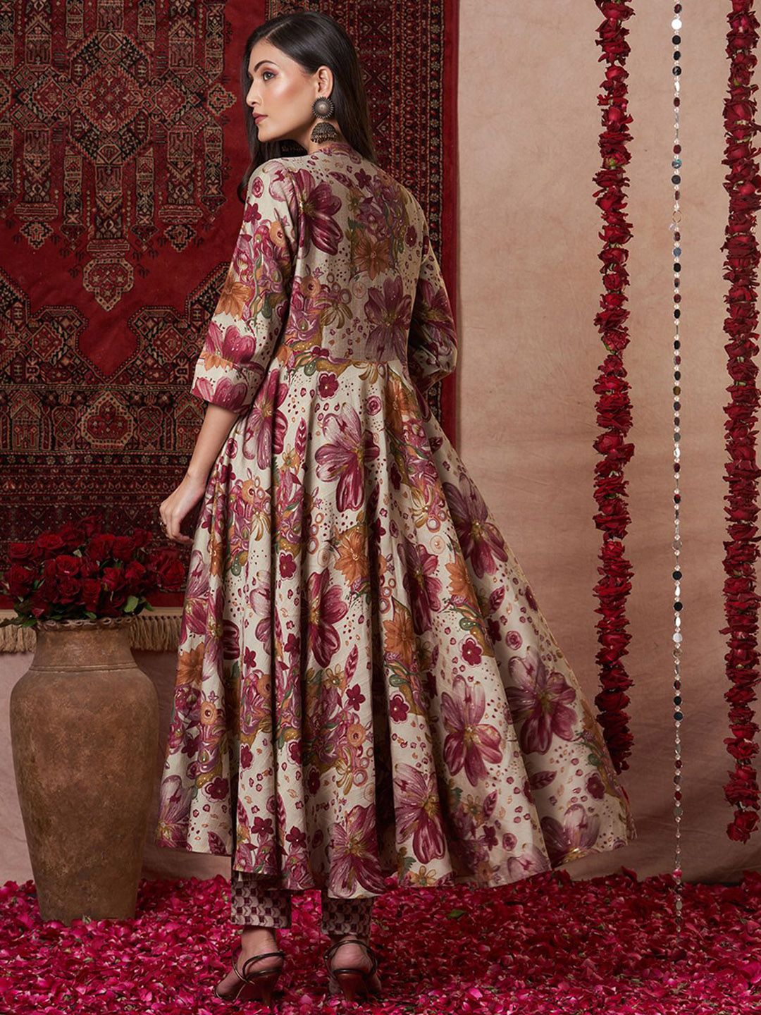 Dhimhi Women's Floral Printed Anarkali Kurta With Trouser