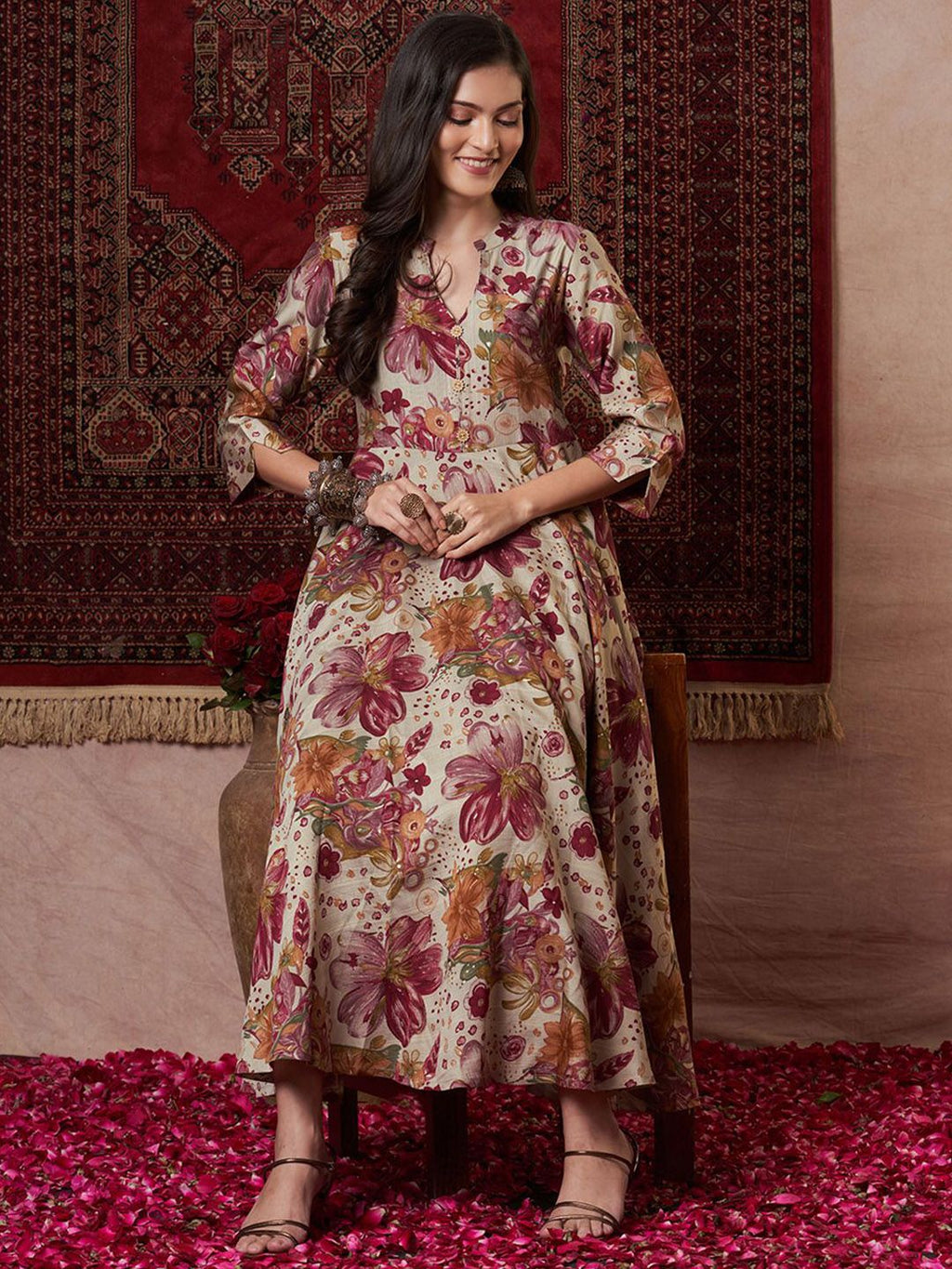 Dhimhi Women's Floral Printed Anarkali Kurta With Trouser