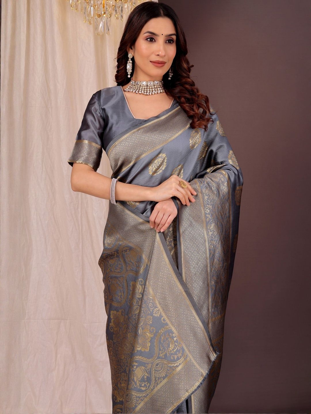 Dhimhi Women's Grey Silk Cotton Woven Design Sarees