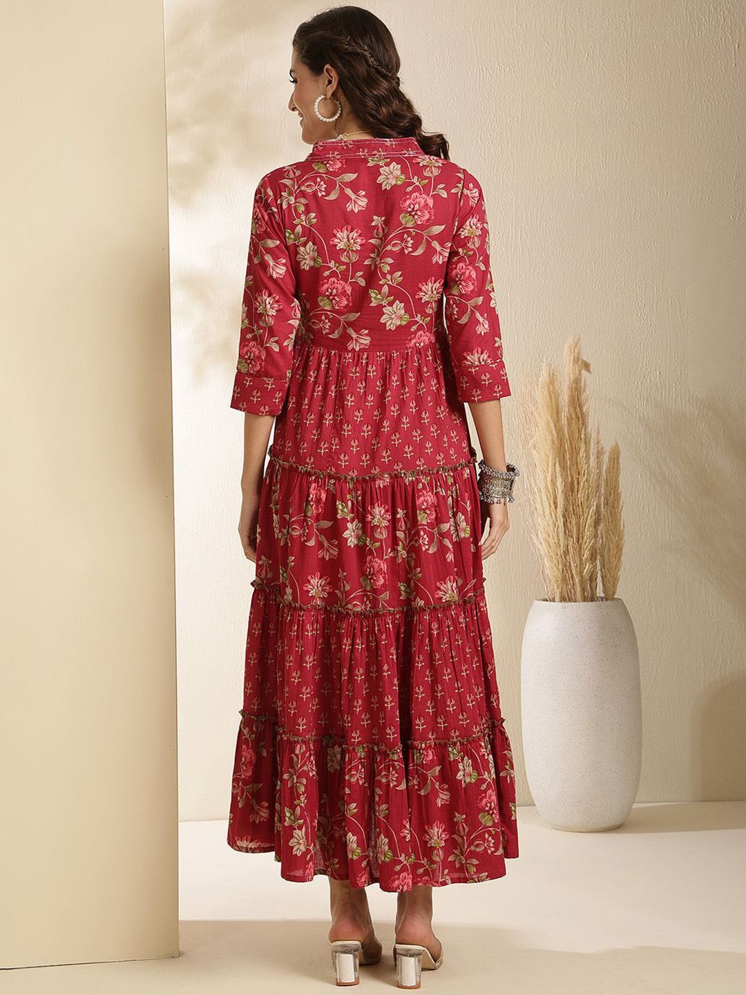 Dhimhi Women's Ethnic Motifs Printed V-Neck Tiered Cotton Fit and Flare Ethnic Midi Dress