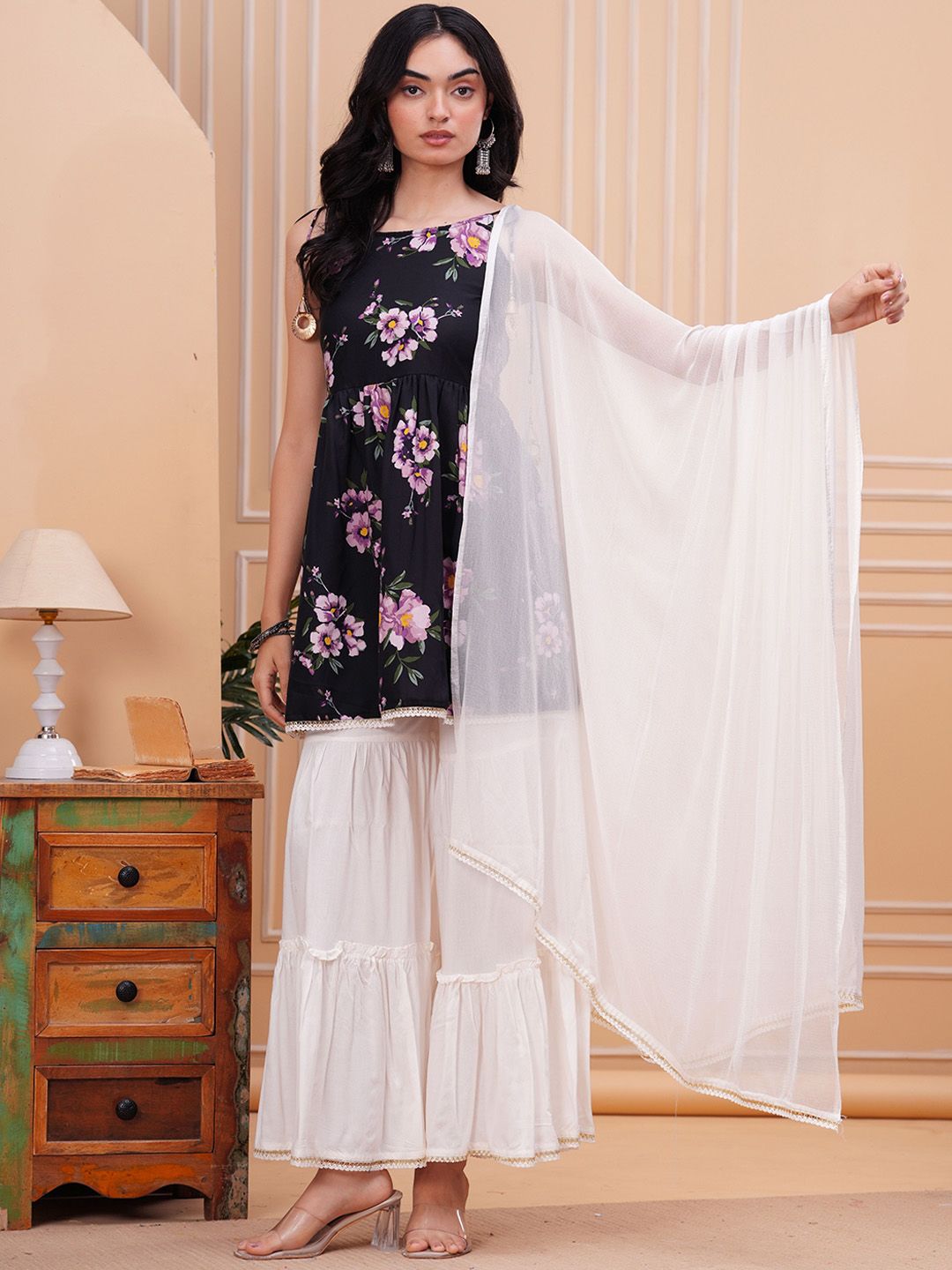 Dhimhi Women's Floral Printed Sleeveless Straight Kurta With Sharara And Dupatta