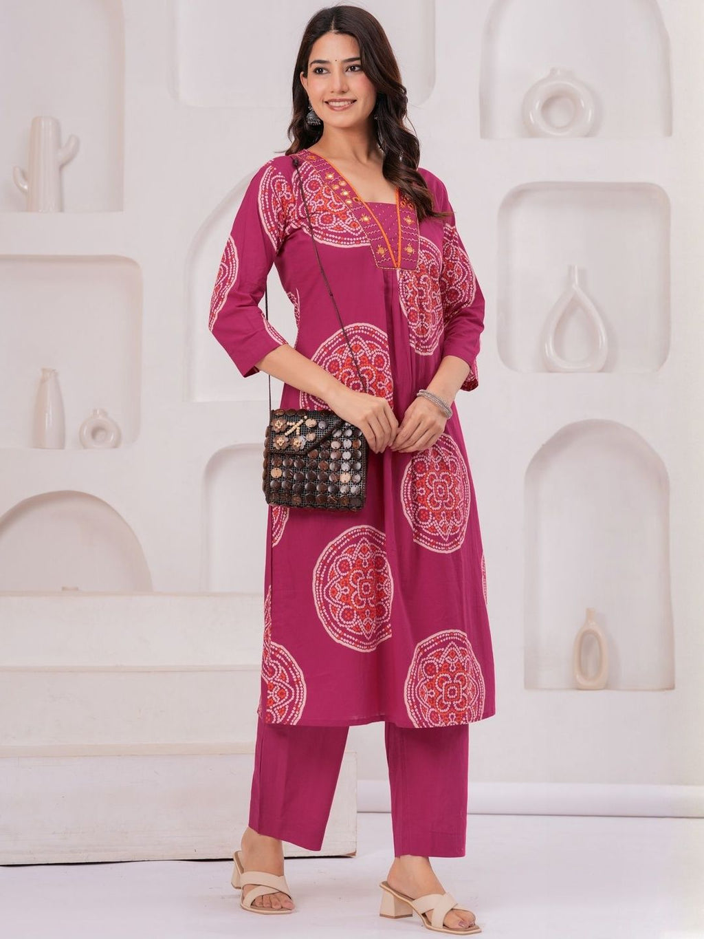 Dhimhi Women's Ethnic Motifs Printed Mirror Work Pure Cotton Straight Kurta With Trousers