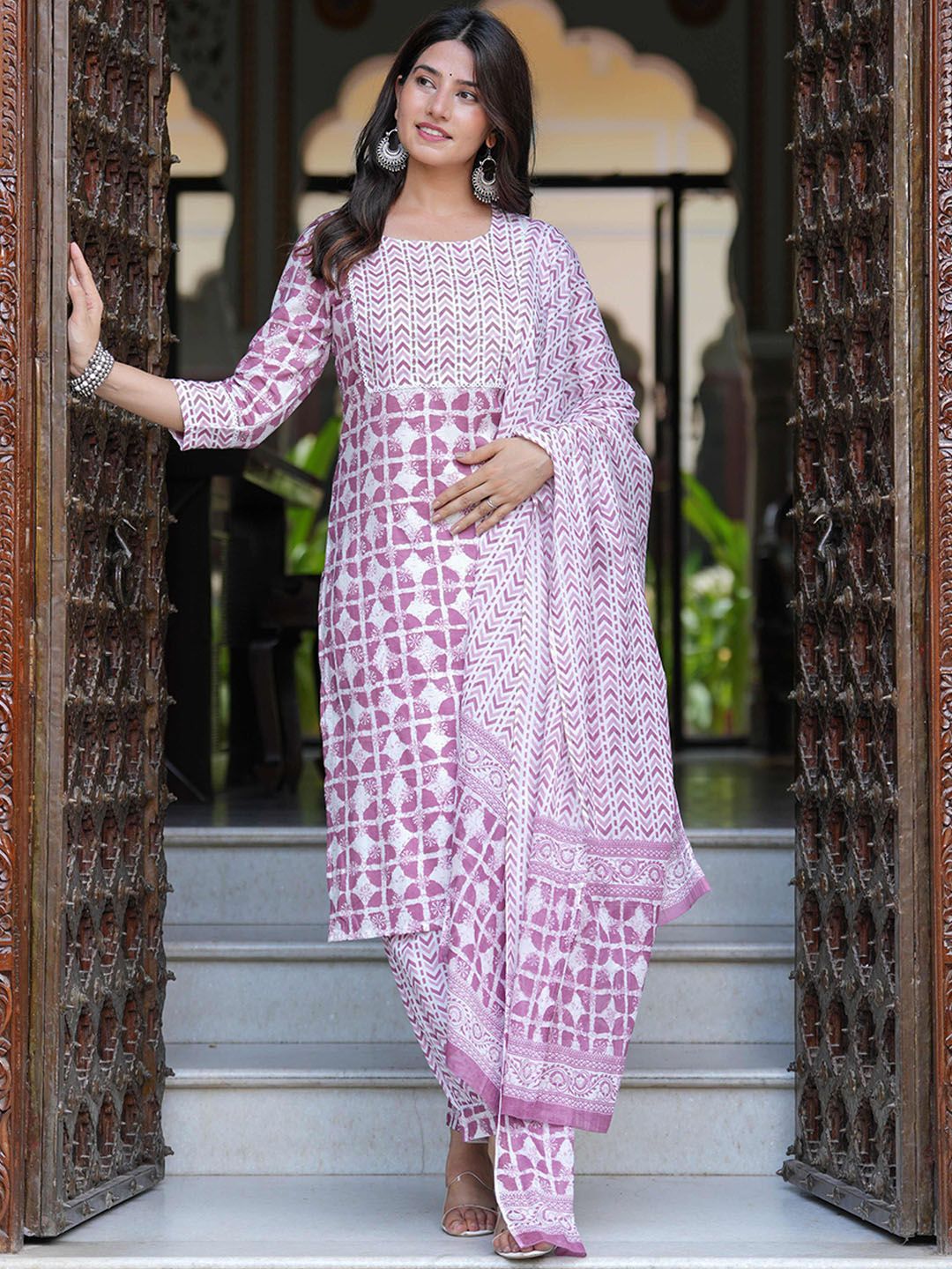 Dhimhi Women's Geometric Printed Pure Cotton Straight Kurta with Salwar & Dupatta