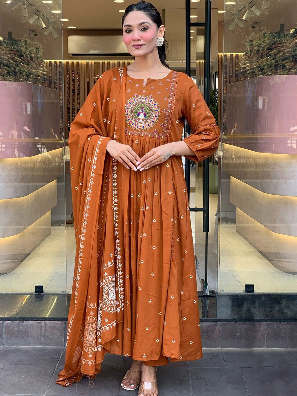 Dhimhi Women's Woven Design Embroidered Anarkali Kurta with Trousers & Dupatta