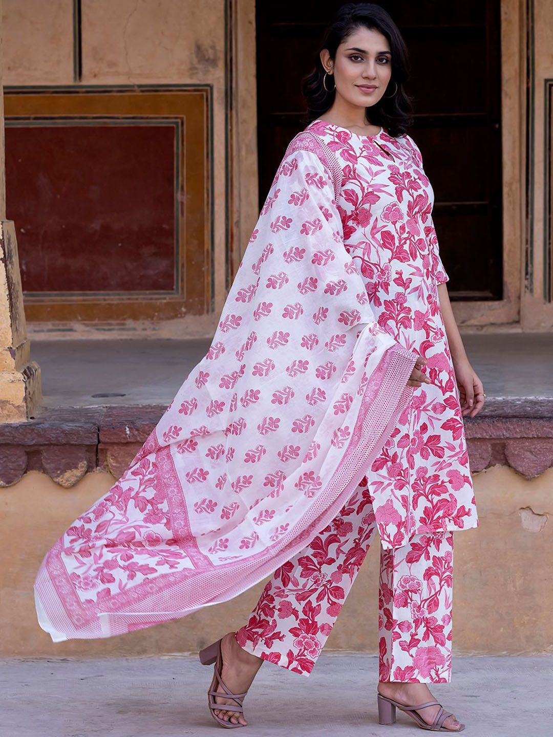 Dhimhi Women's Floral Printed Straight Pure Cotton Kurta With Trousers & Dupatta