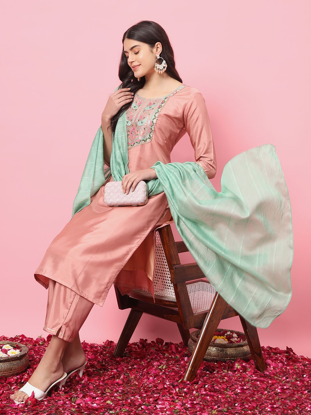Dhimhi Women's Kurta Set featuring a traditional embroidered kurta with matching palazzo pants and a dupatta, in vibrant colors.
