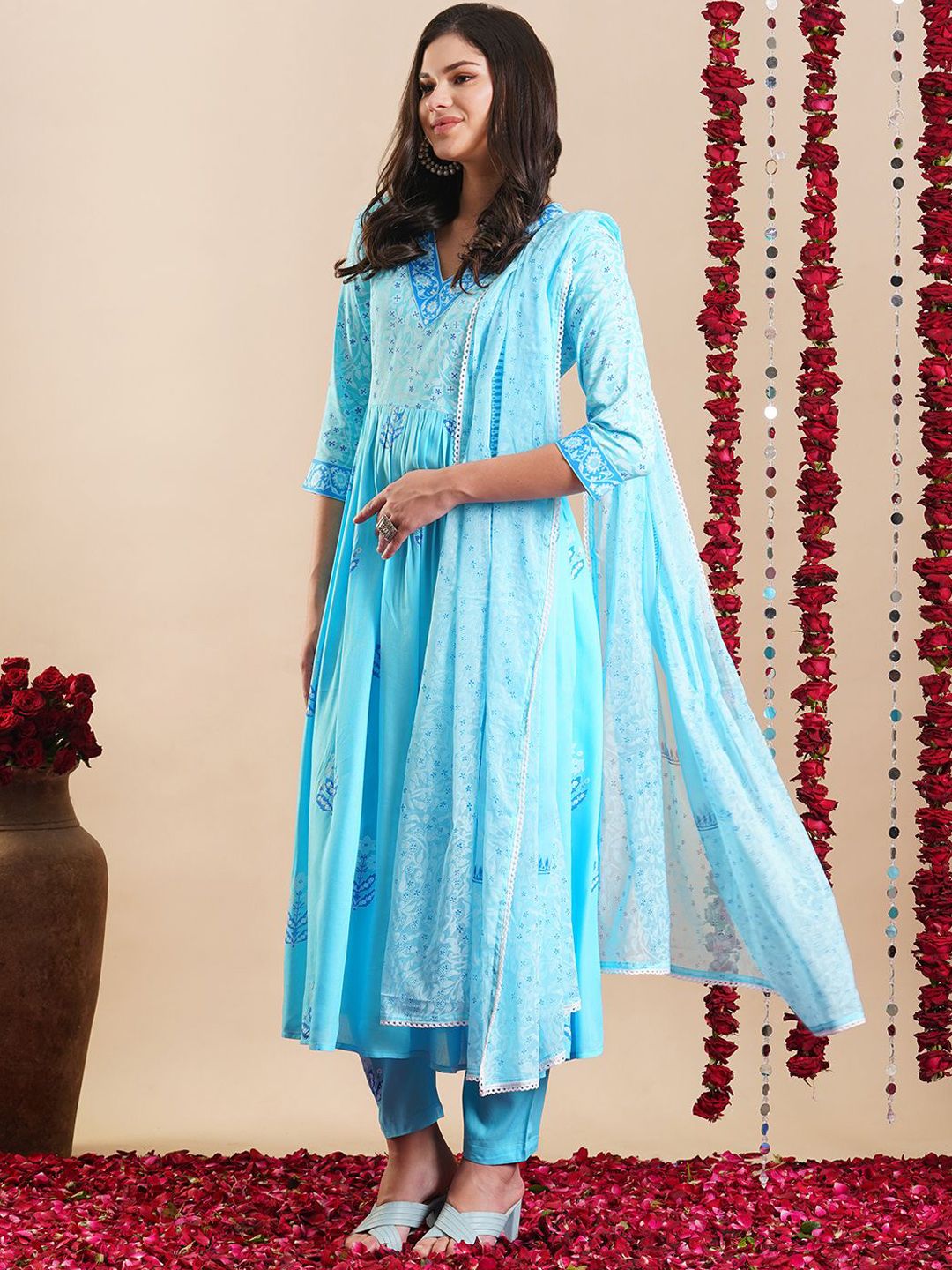 Dhimhi Women's Floral Printed Regular Anarkali Kurta with Trousers & Dupatta