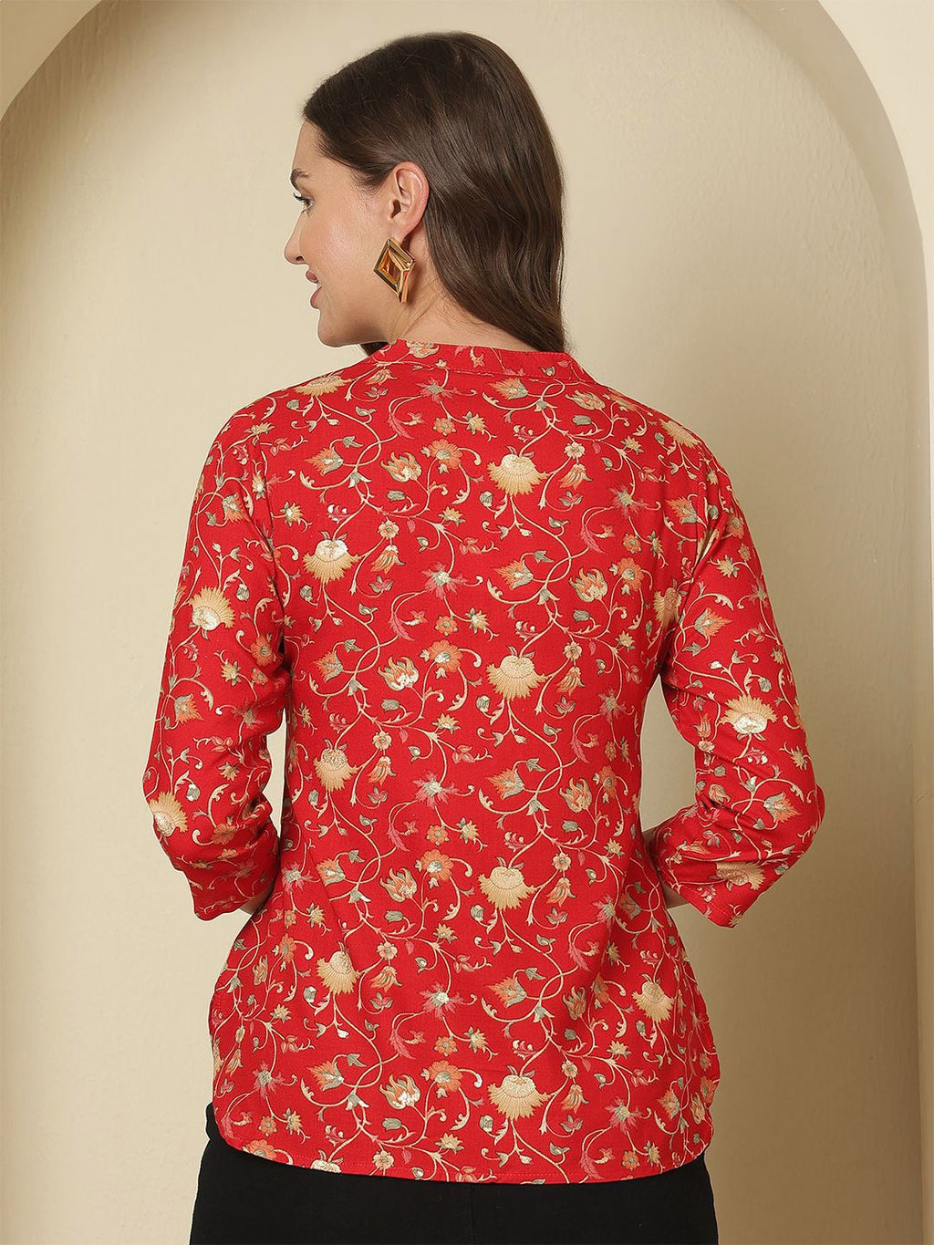 Dhimhi Women's Floral Printed Mandarin Collar Top