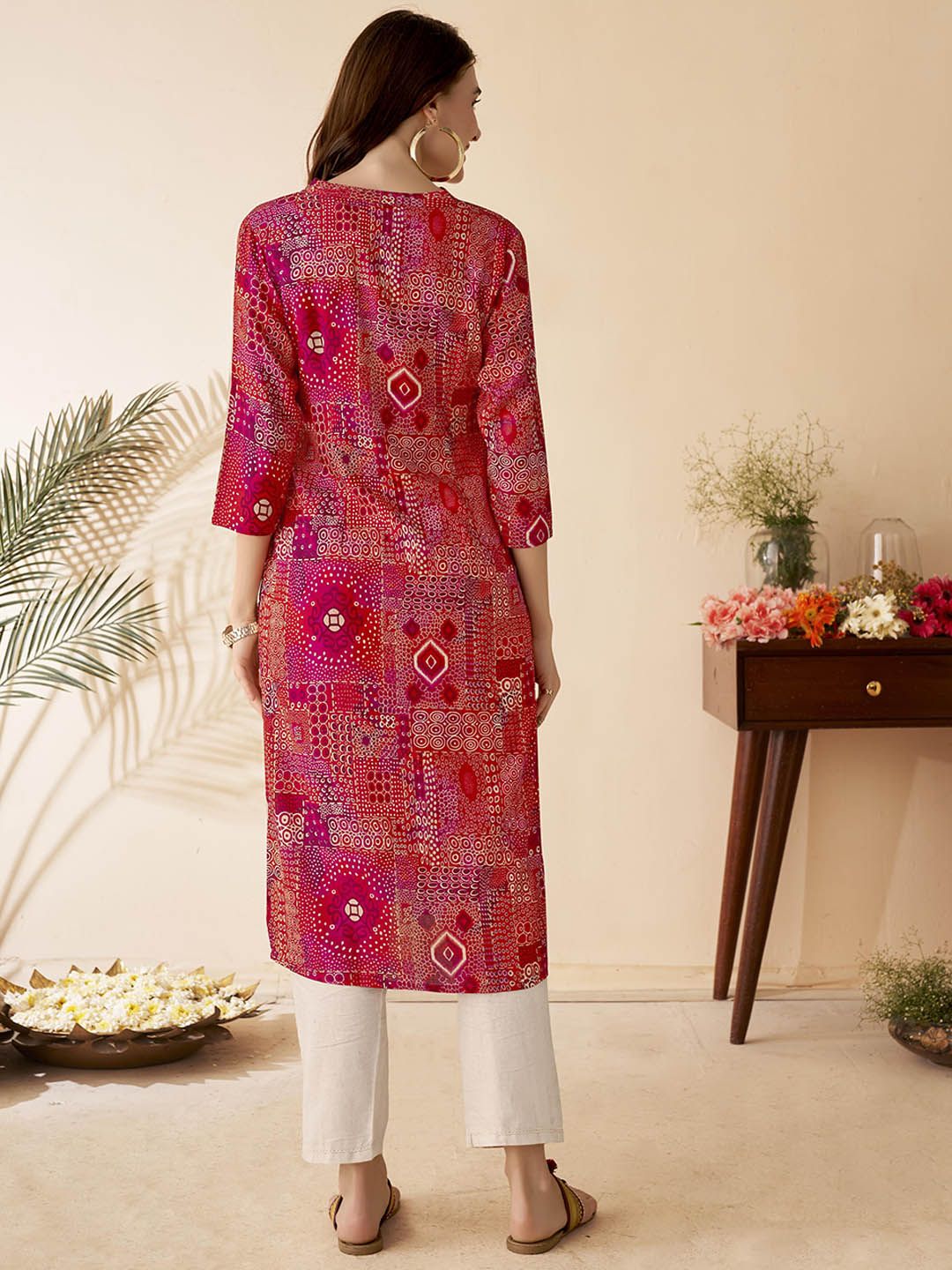 Abstract Printed Band Collar Straight Kurta