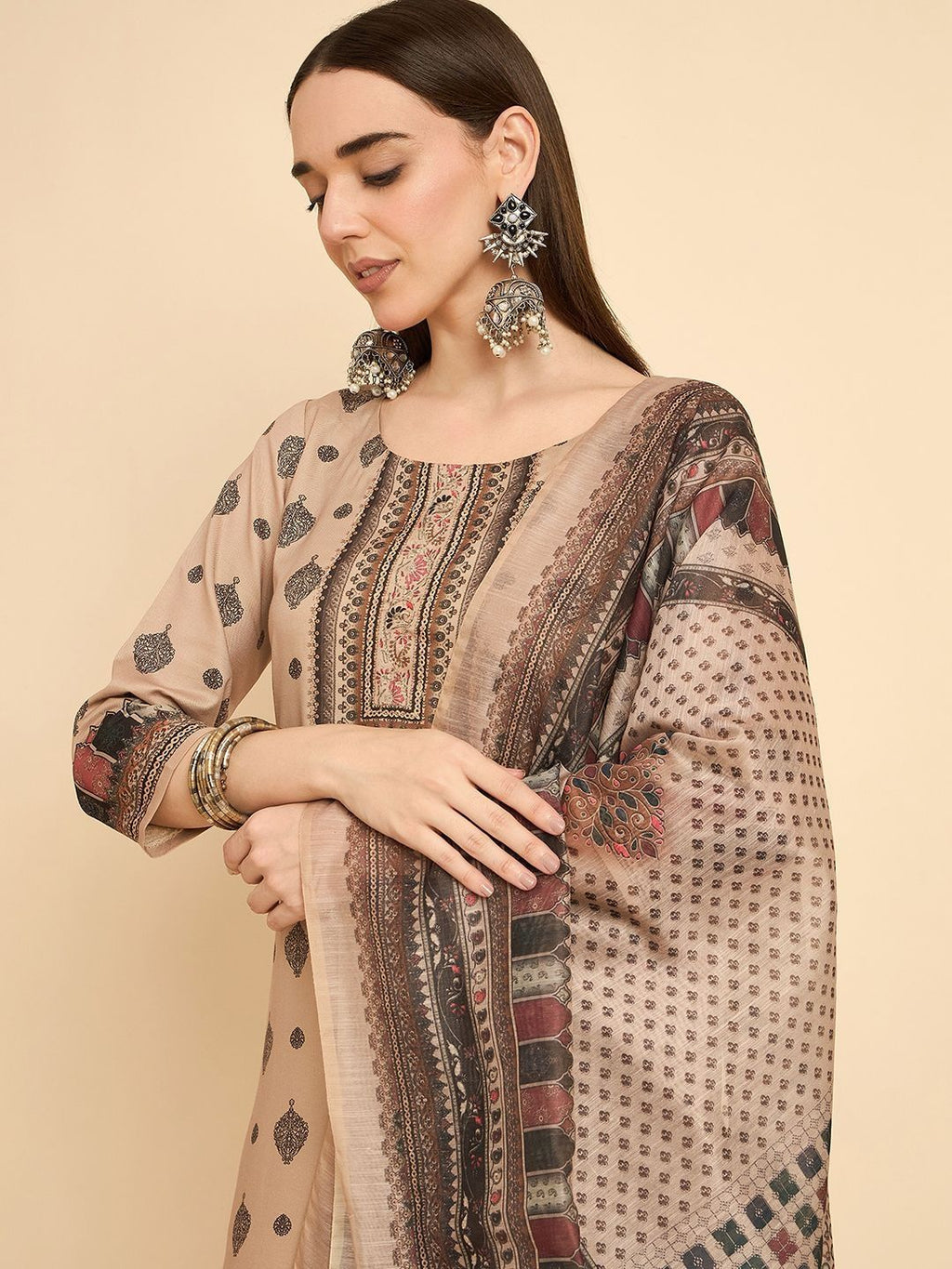 Dhimhi Women Aari Hand Work Digital Printed Kurta with Trousers & Dupatta