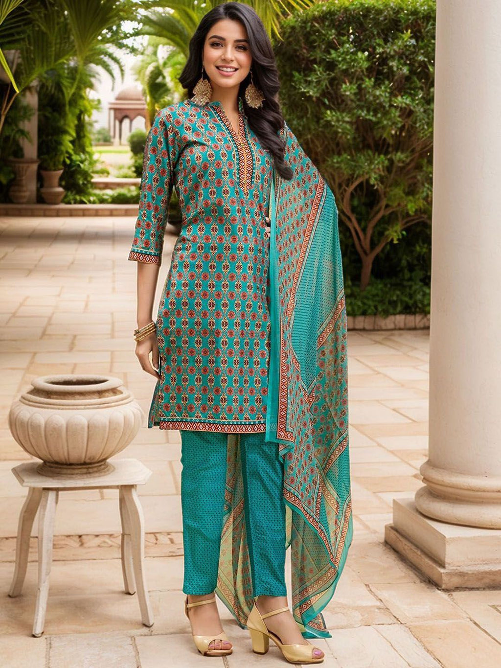 Dhimhi Women's Ethnic Motifs Printed Mandarin Collar Straight Kurta With Trousers & Dupatta