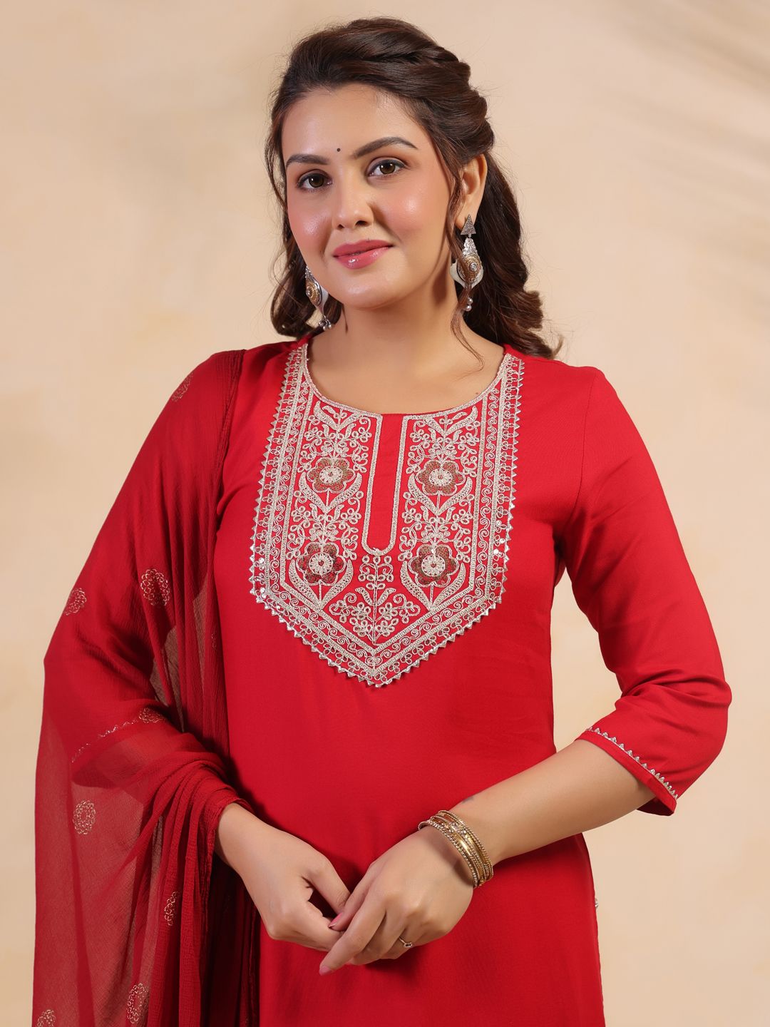 Dhimhi Women's Floral Embroidered Regular Pure Cotton Kurta With Trousers & Dupatta