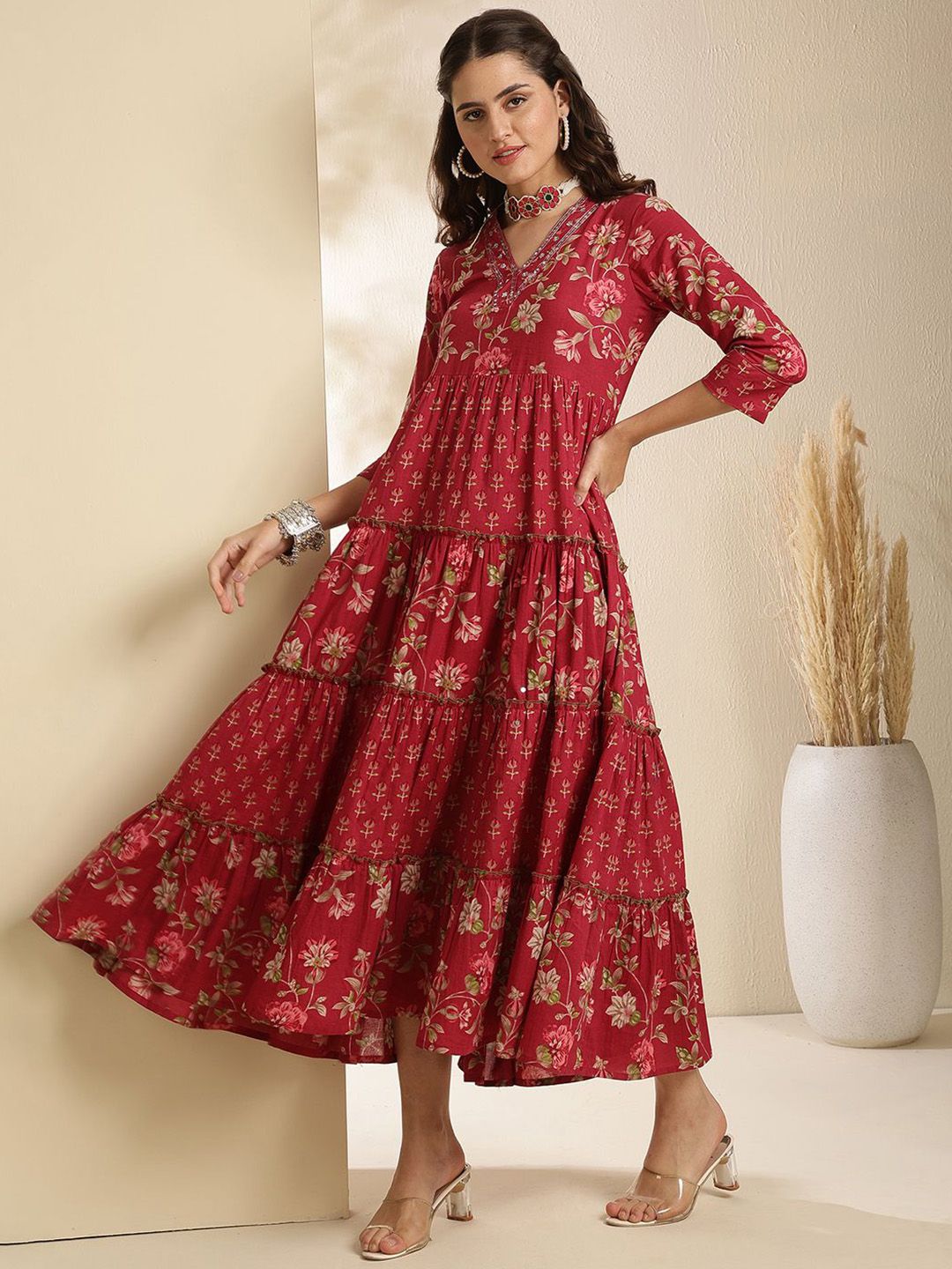 Dhimhi Women's Ethnic Motifs Printed V-Neck Tiered Cotton Fit and Flare Ethnic Midi Dress