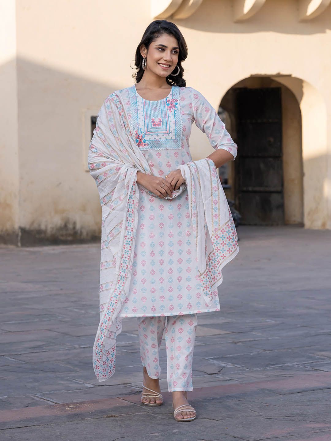 Dhimhi Women's Ethnic Motifs Embroidered Regular Pure Cotton Kurta with Trousers & With Dupatta