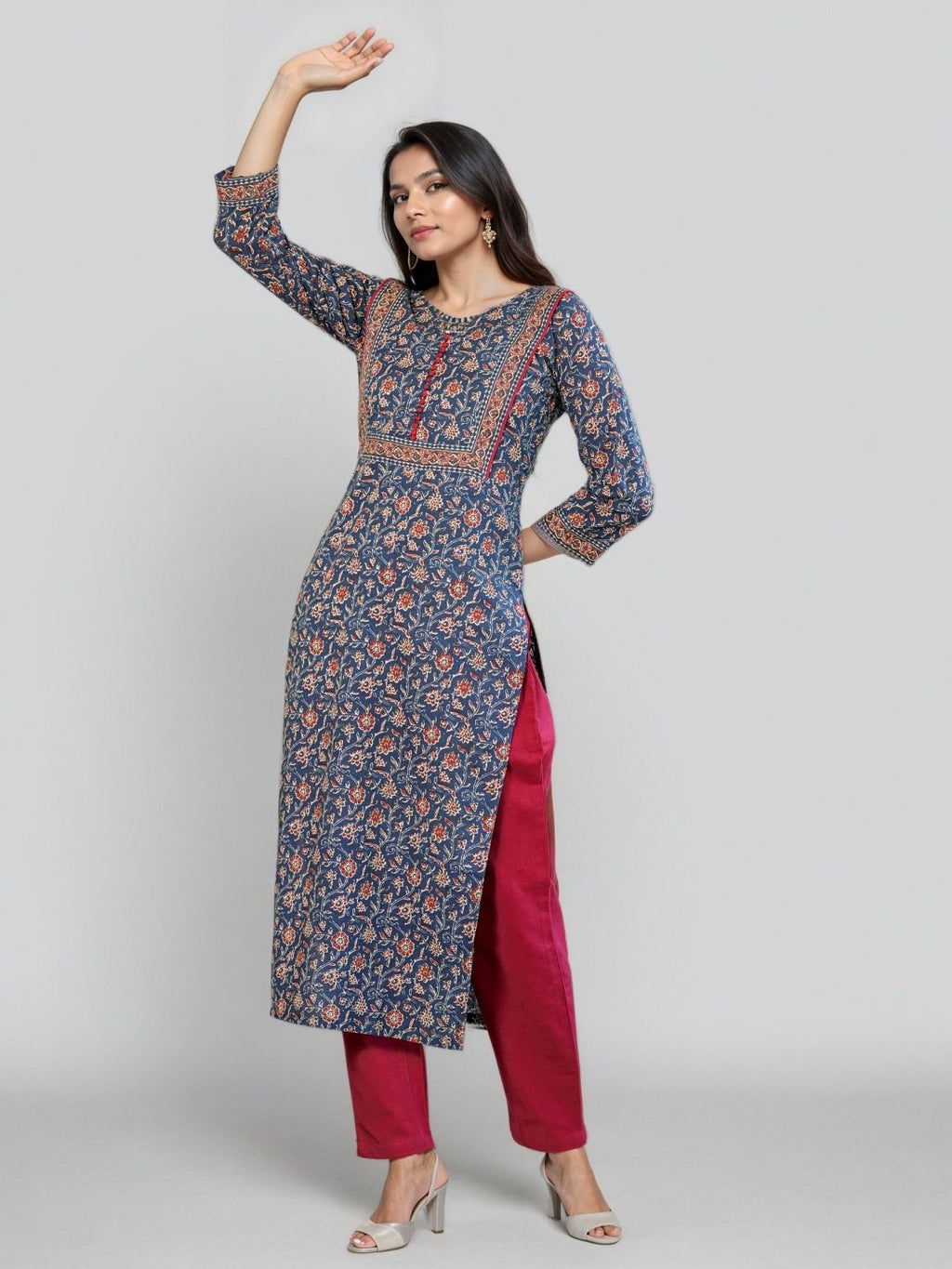 Floral Printed Notch Neck Pure Cotton Straight Kurta